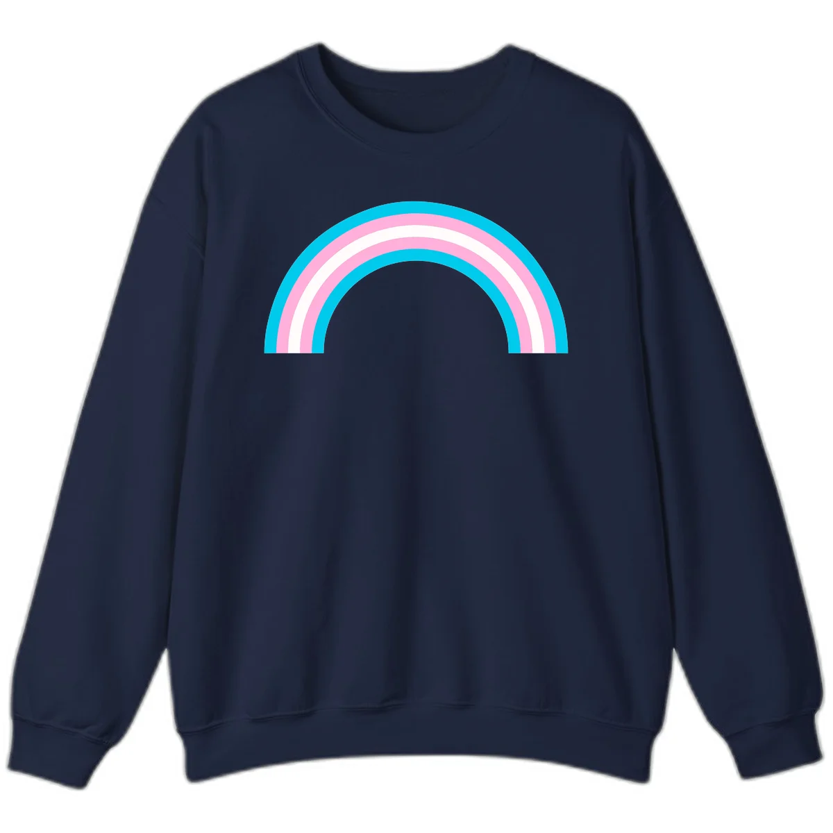 Pastel rainbow arch with five concentric curved bands in cyan, pink, and white on gray background in Navy