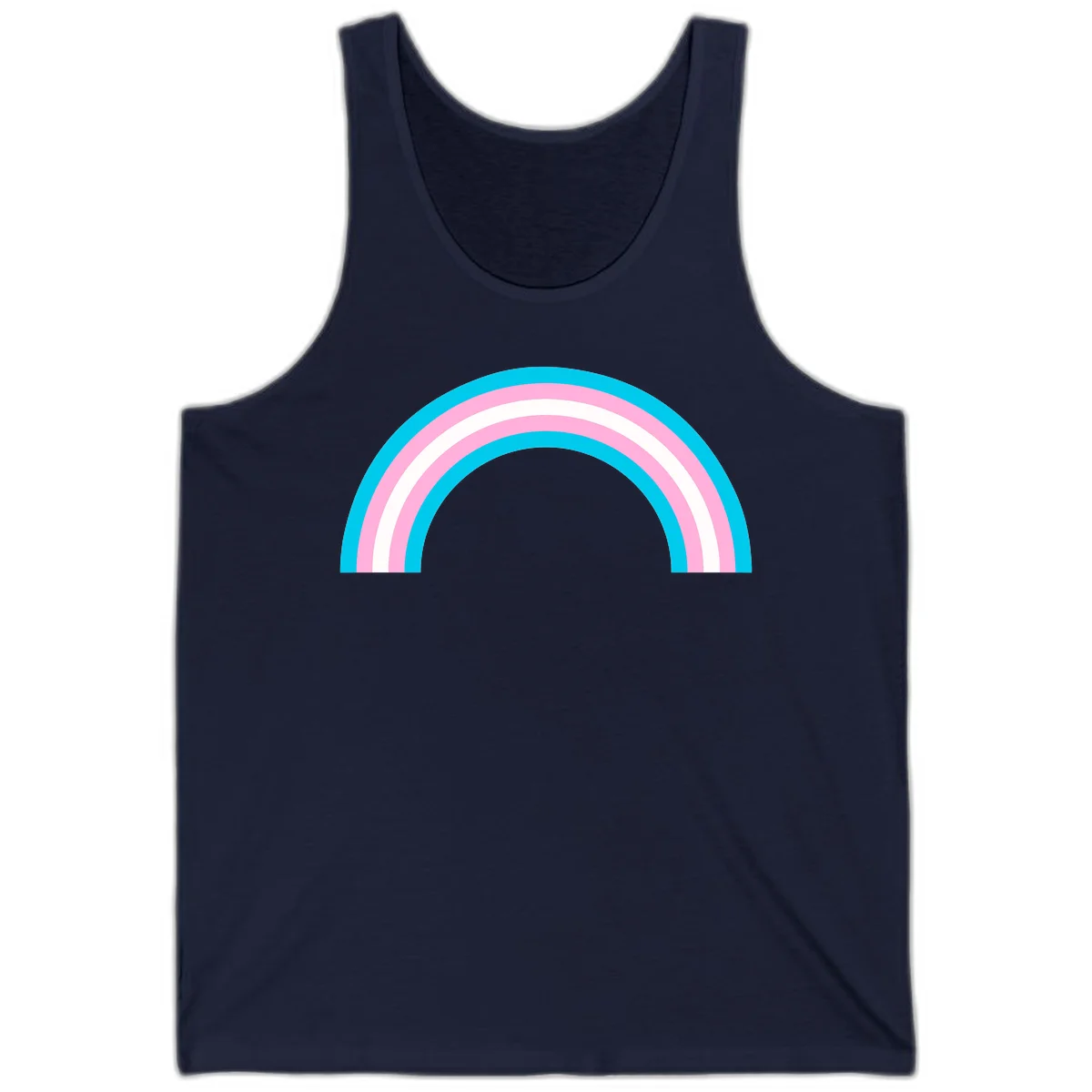 Pastel rainbow arch with five concentric curved bands in cyan, pink, and white on gray background in Navy