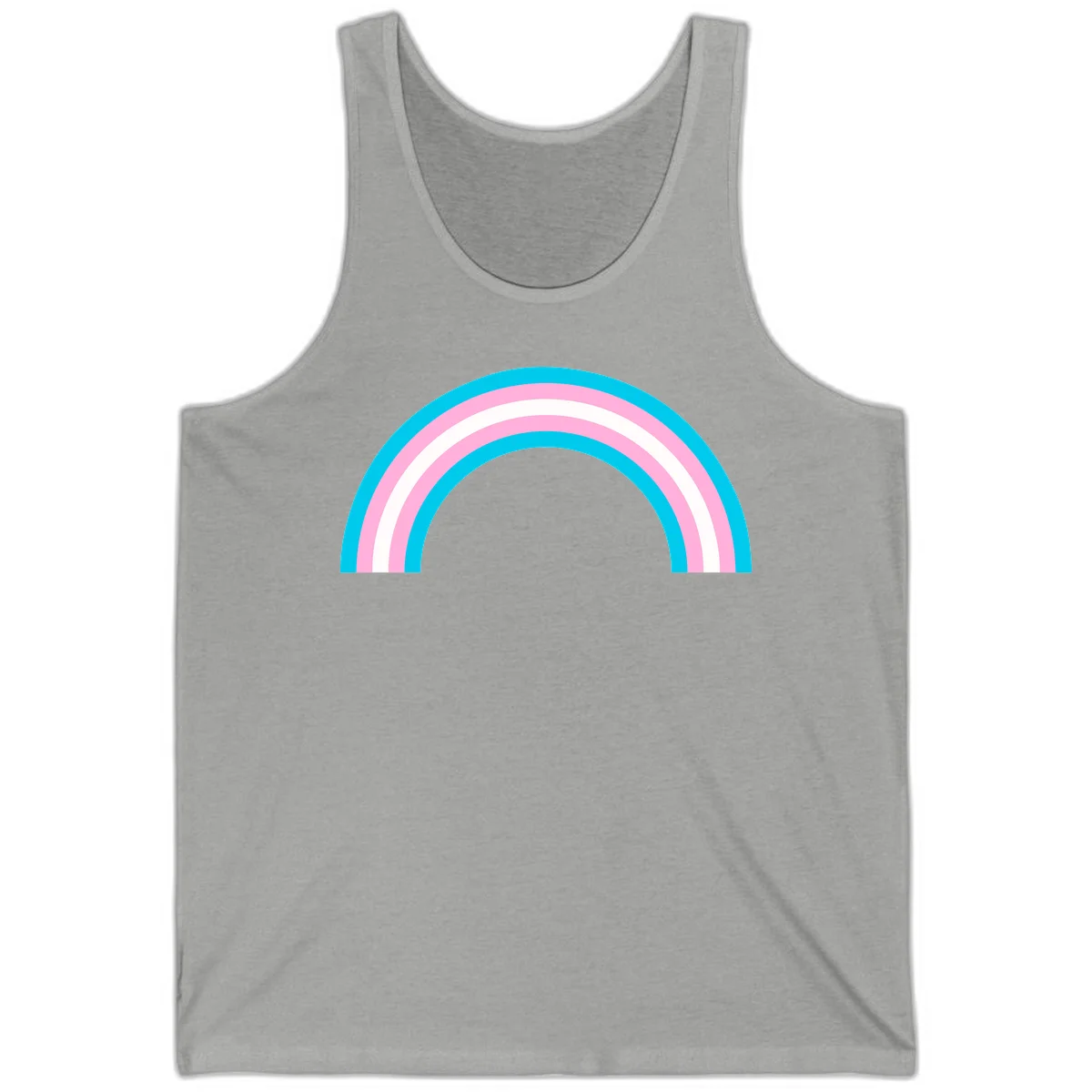Pastel rainbow arch with five concentric curved bands in cyan, pink, and white on gray background in Athletic Heather