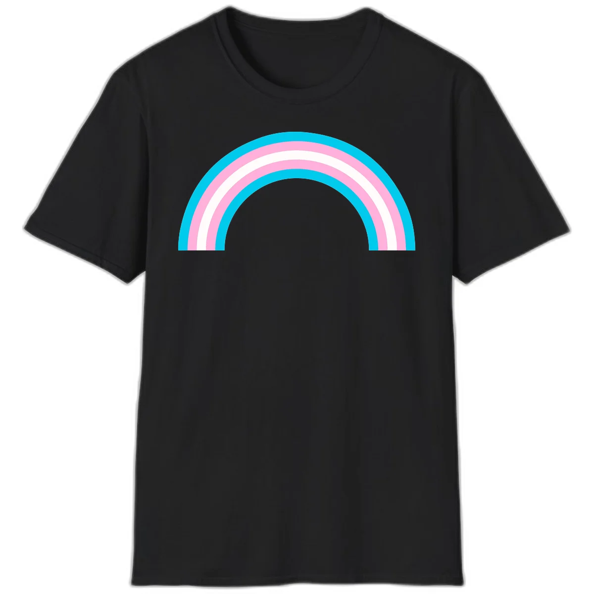 Pastel rainbow arch with five concentric curved bands in cyan, pink, and white on gray background in Black