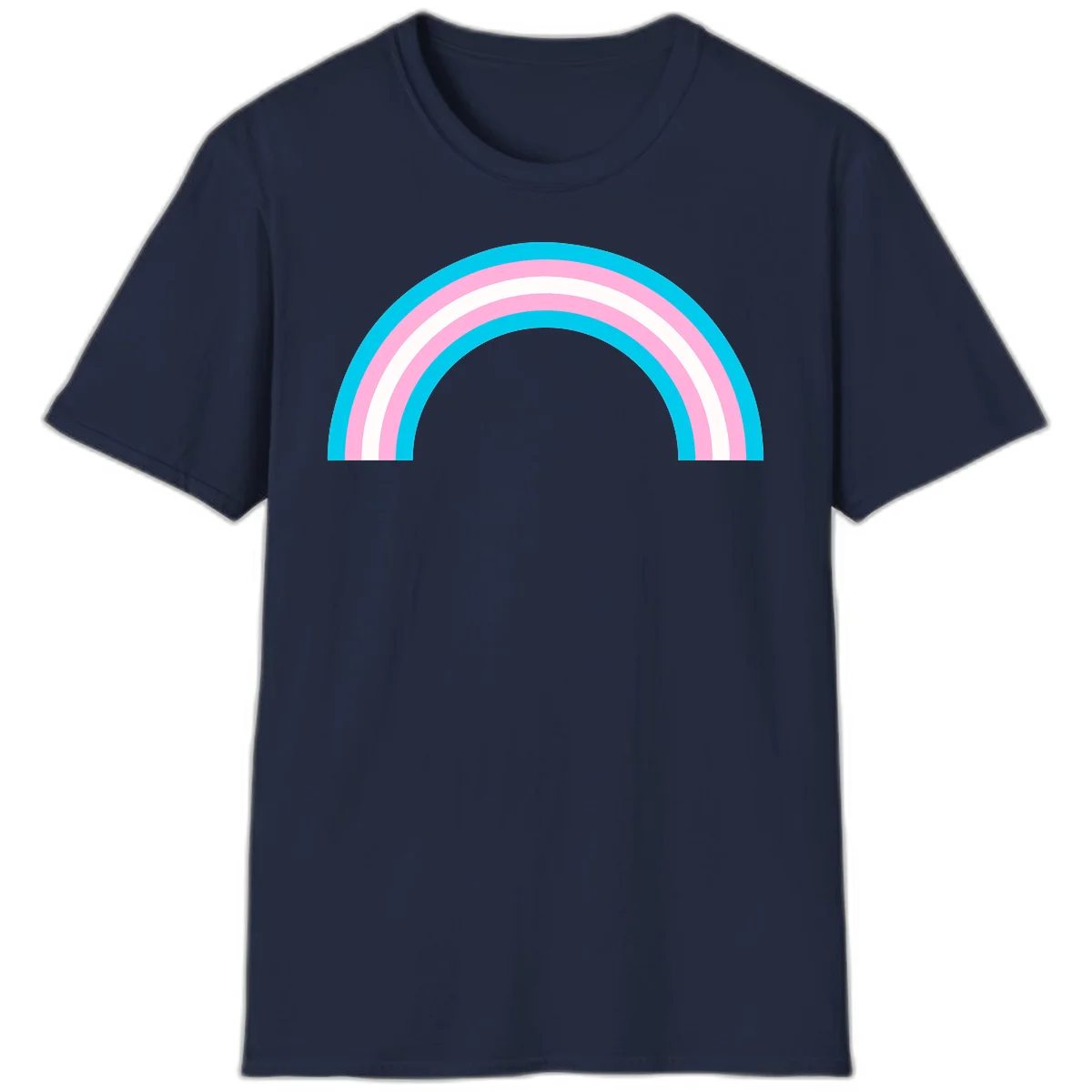 Pastel rainbow arch with five concentric curved bands in cyan, pink, and white on gray background in Navy