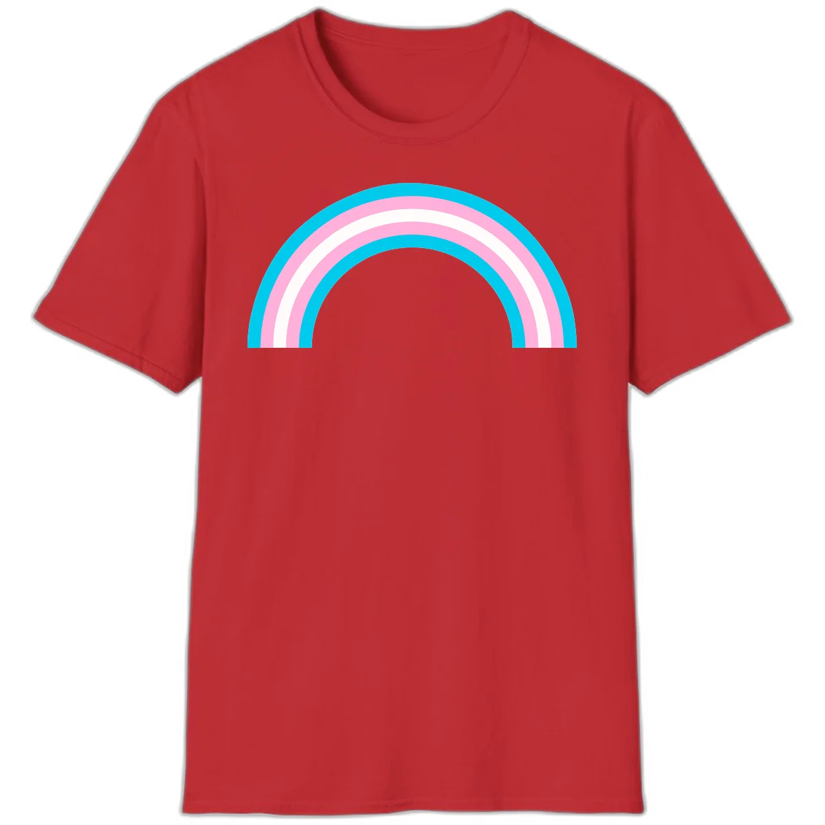 Pastel rainbow arch with five concentric curved bands in cyan, pink, and white on gray background in Red