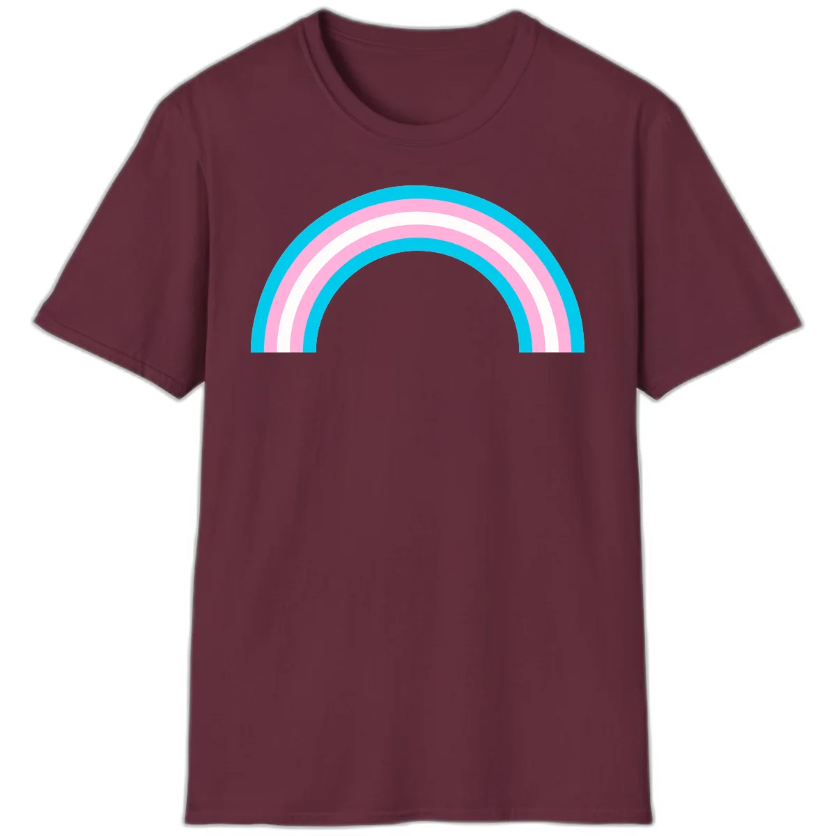 Pastel rainbow arch with five concentric curved bands in cyan, pink, and white on gray background in Maroon
