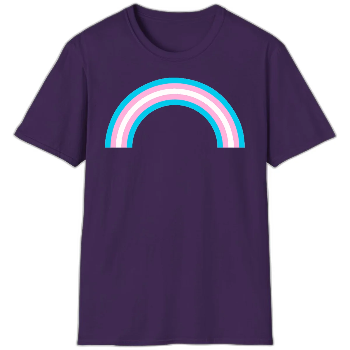 Pastel rainbow arch with five concentric curved bands in cyan, pink, and white on gray background in Purple