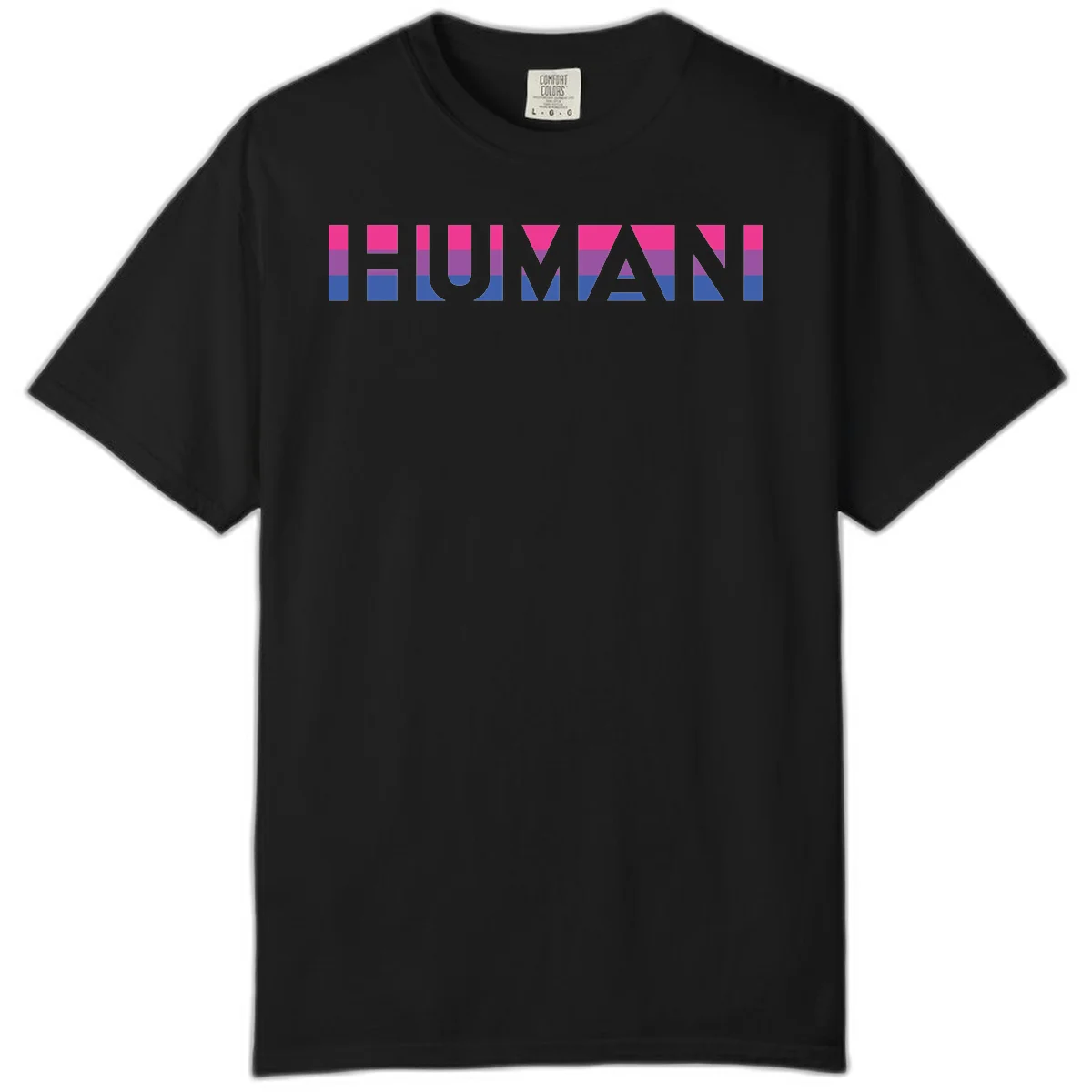 Human pride stripes design with magenta, purple, and blue horizontal color blocks spelling HUMAN text in Black