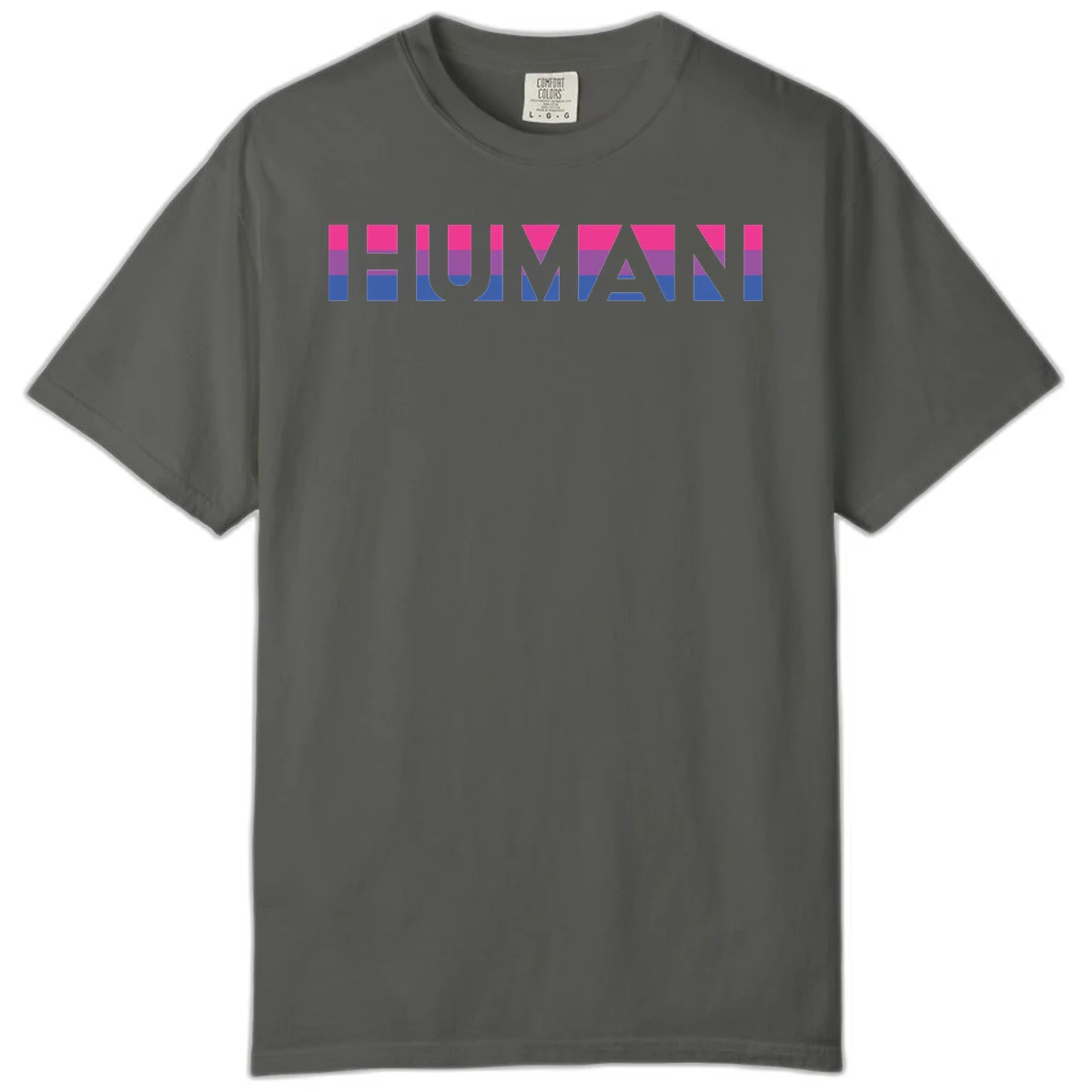 Human pride stripes design with magenta, purple, and blue horizontal color blocks spelling HUMAN text in Pepper