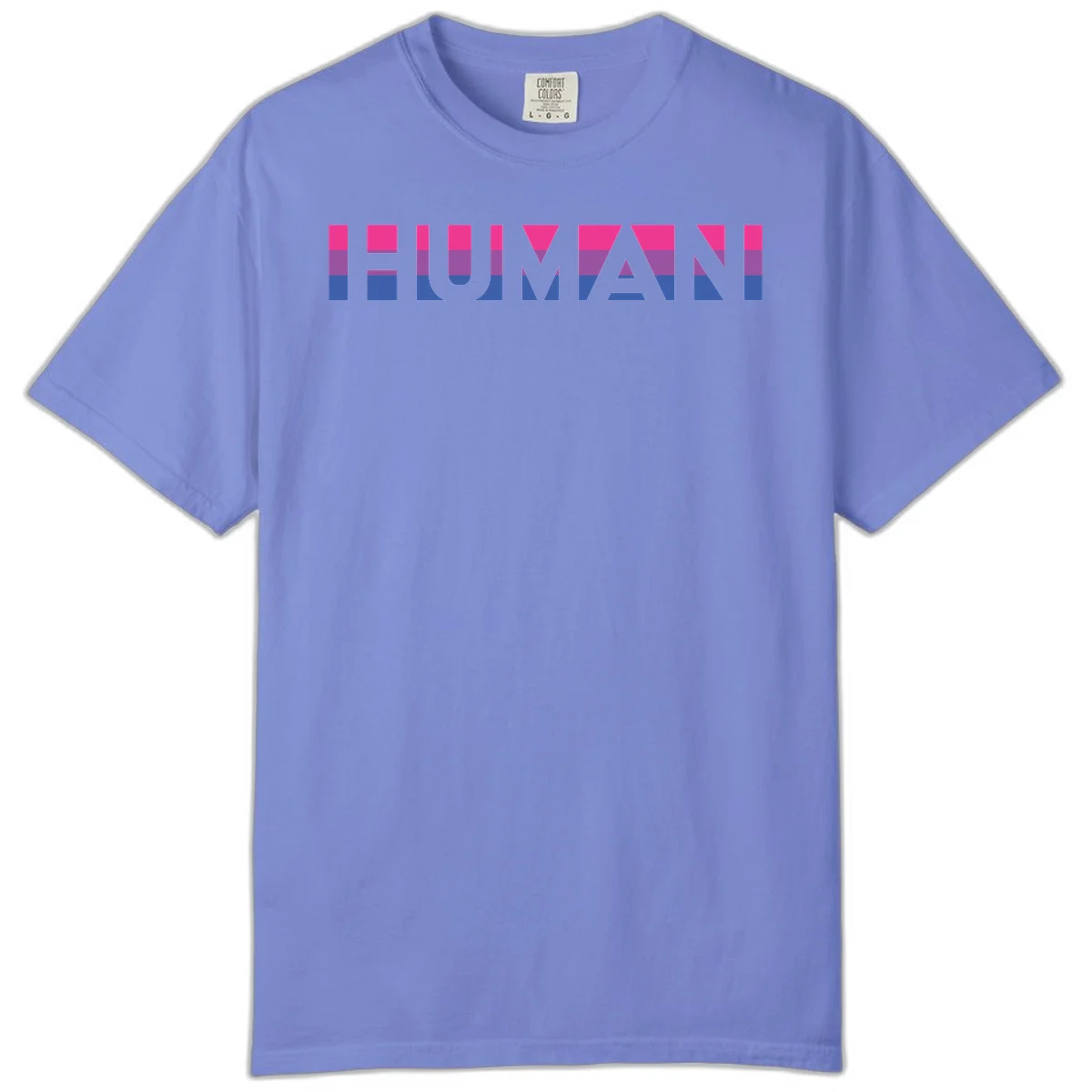Human pride stripes design with magenta, purple, and blue horizontal color blocks spelling HUMAN text in Flo Blue
