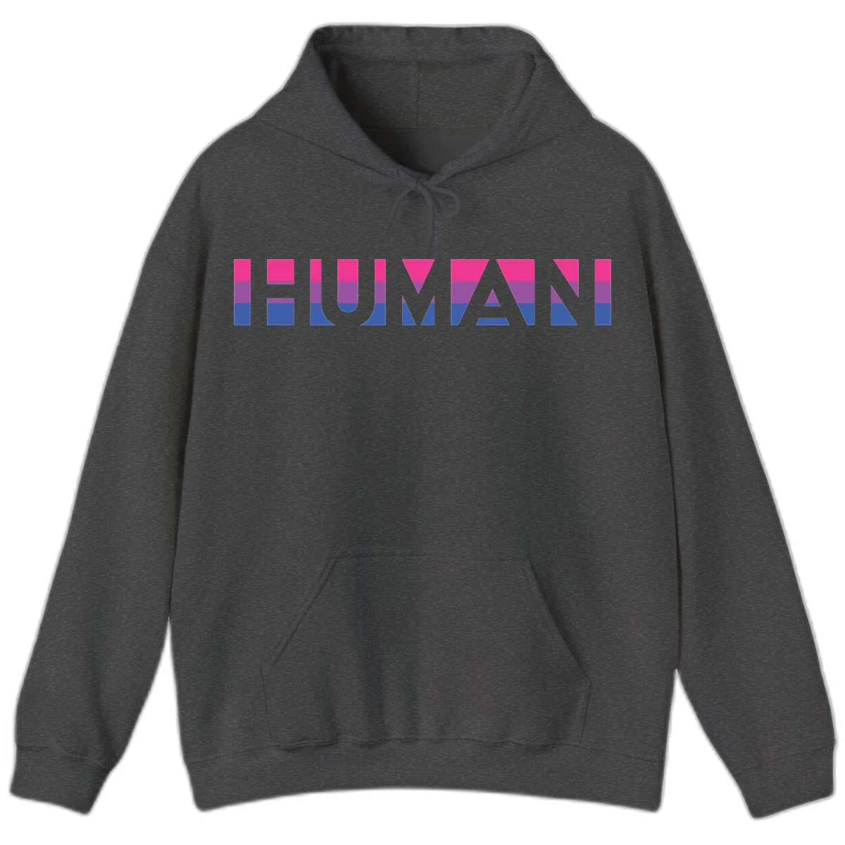 Human pride stripes design with magenta, purple, and blue horizontal color blocks spelling HUMAN text in Dark Heather