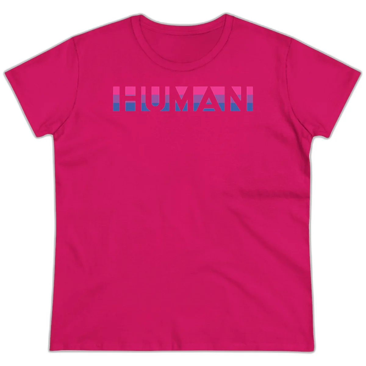 Human pride stripes design with magenta, purple, and blue horizontal color blocks spelling HUMAN text in Heliconia