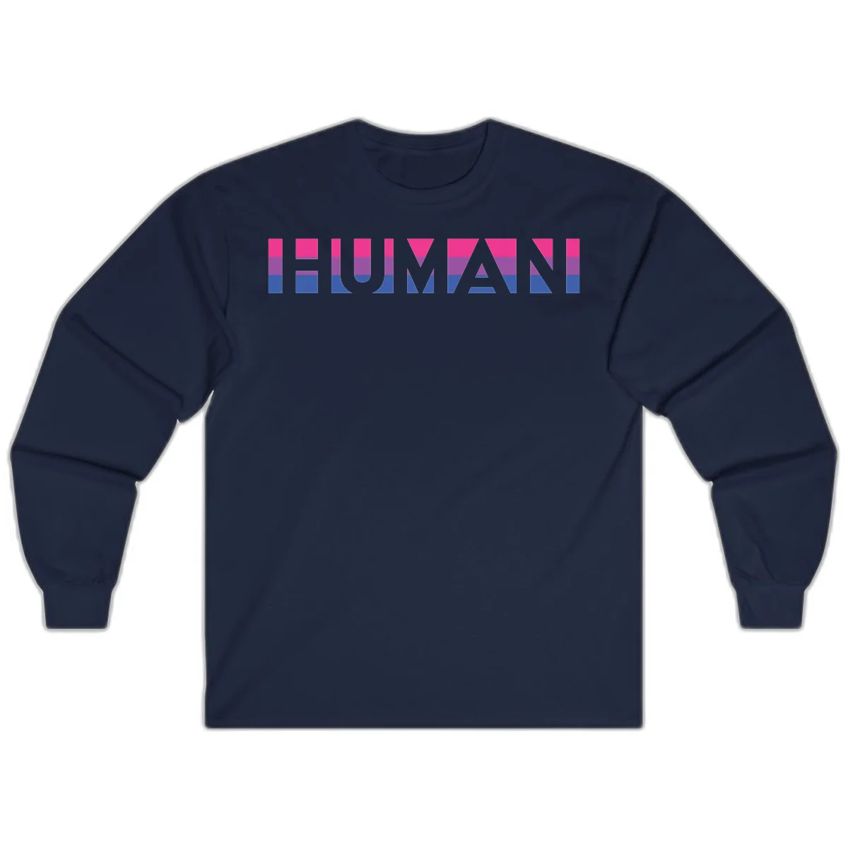 Human pride stripes design with magenta, purple, and blue horizontal color blocks spelling HUMAN text in Navy