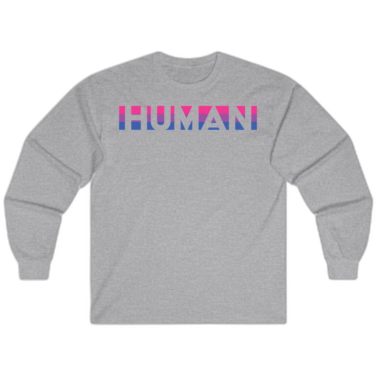 Human pride stripes design with magenta, purple, and blue horizontal color blocks spelling HUMAN text in Sport Grey