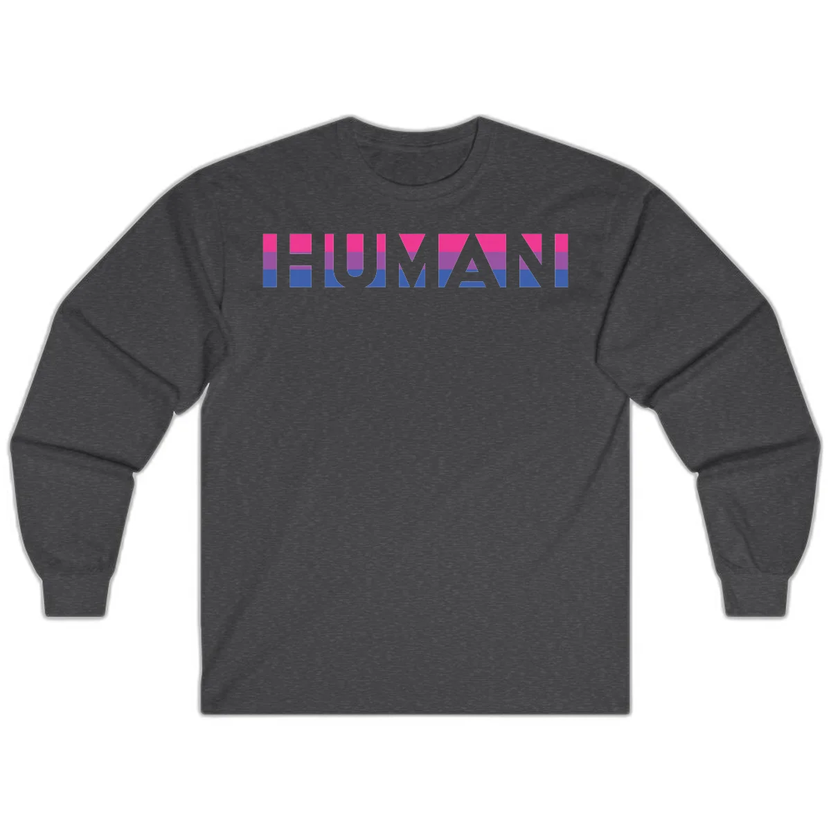 Human pride stripes design with magenta, purple, and blue horizontal color blocks spelling HUMAN text in Dark Heather
