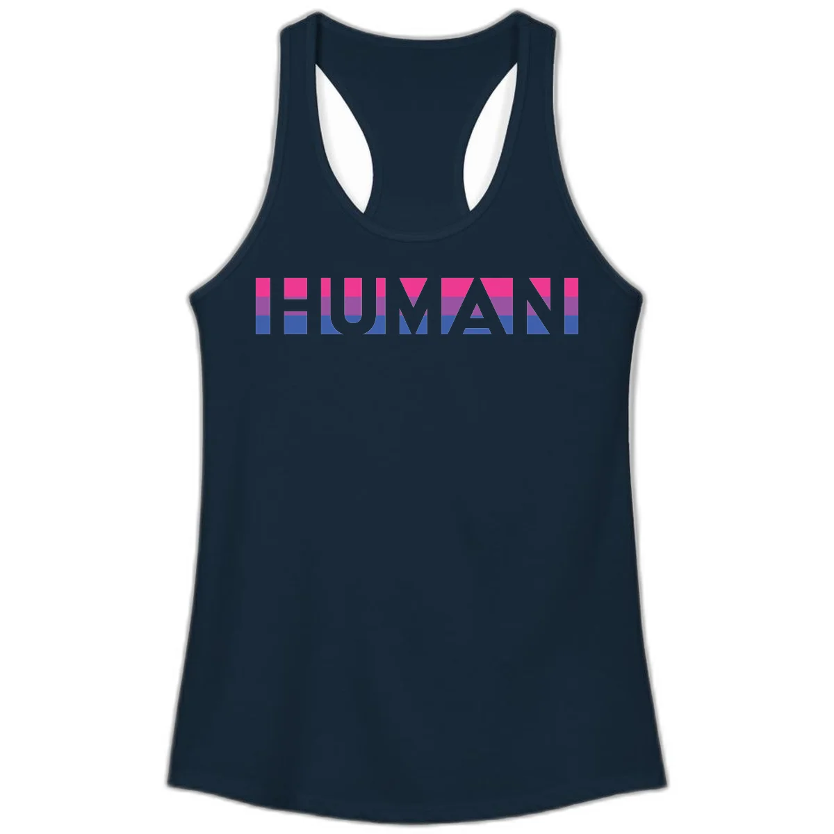 Human pride stripes design with magenta, purple, and blue horizontal color blocks spelling HUMAN text in Solid Midnight Navy