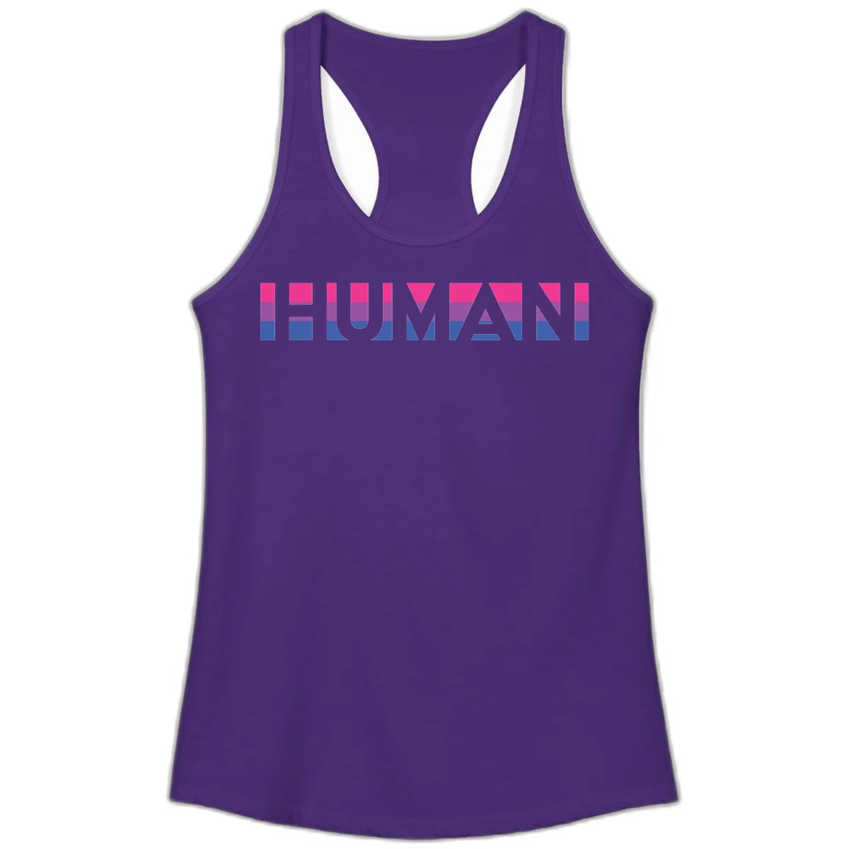 Human pride stripes design with magenta, purple, and blue horizontal color blocks spelling HUMAN text in Solid Purple Rush