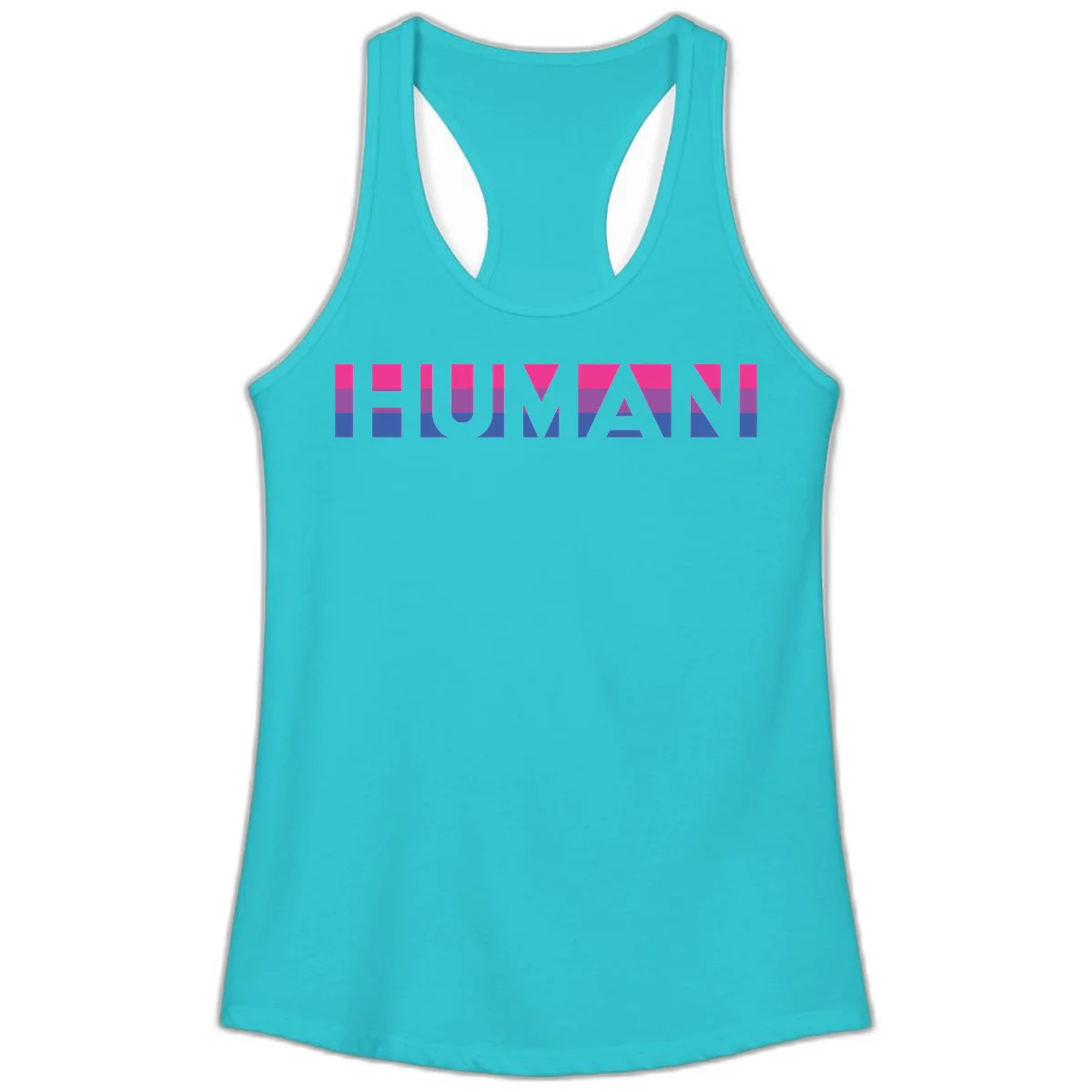 Human pride stripes design with magenta, purple, and blue horizontal color blocks spelling HUMAN text in Solid Tahiti Blue