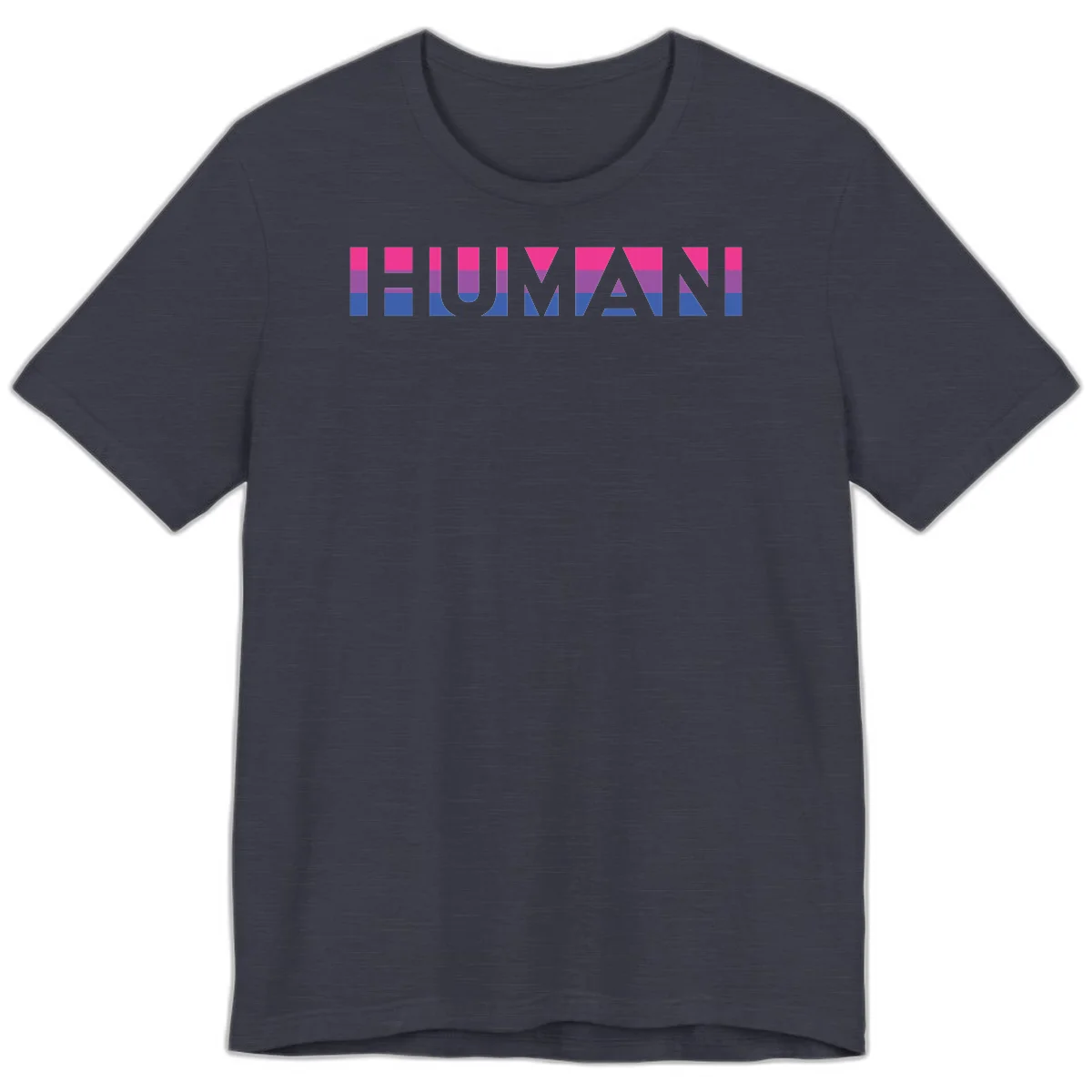 Human pride stripes design with magenta, purple, and blue horizontal color blocks spelling HUMAN text in Heather Midnight Navy