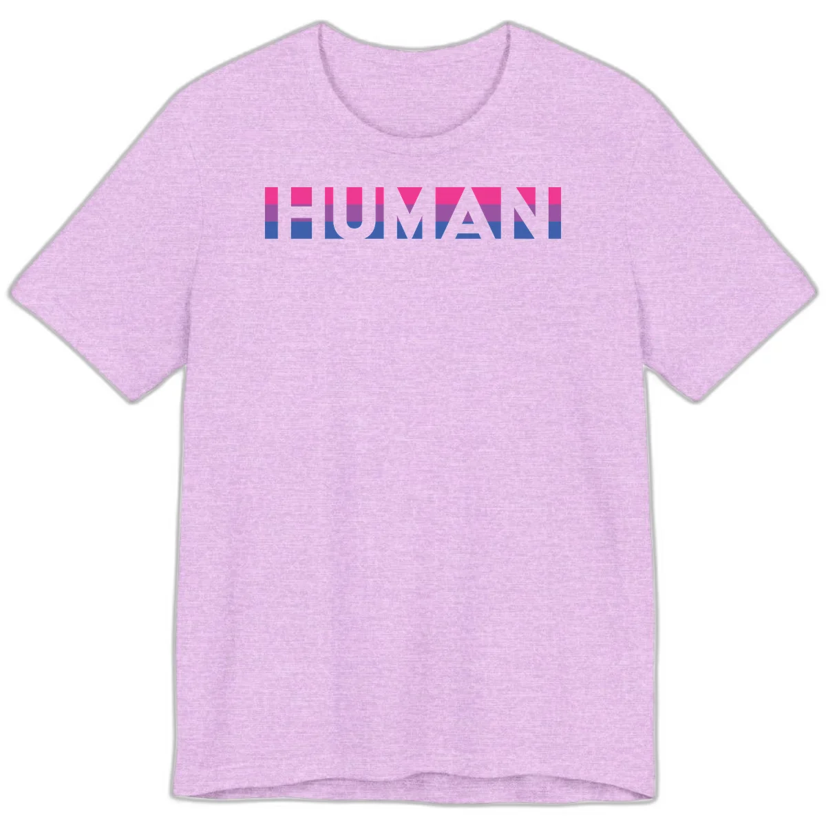 Human pride stripes design with magenta, purple, and blue horizontal color blocks spelling HUMAN text in Heather Prism Lilac