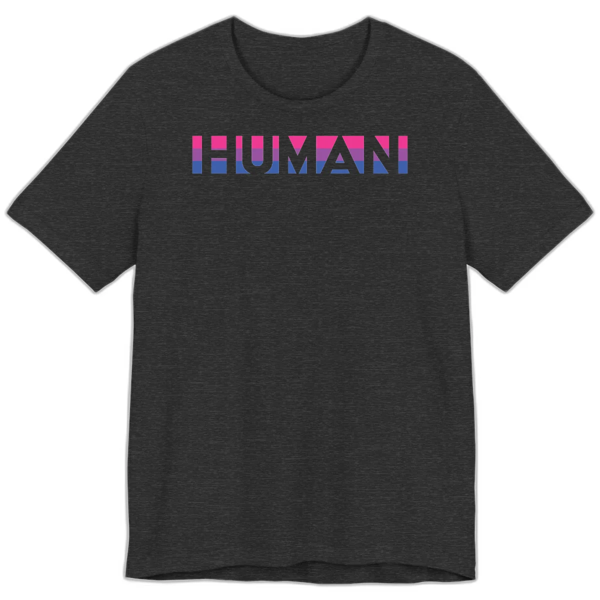 Human pride stripes design with magenta, purple, and blue horizontal color blocks spelling HUMAN text in Dark Grey Heather
