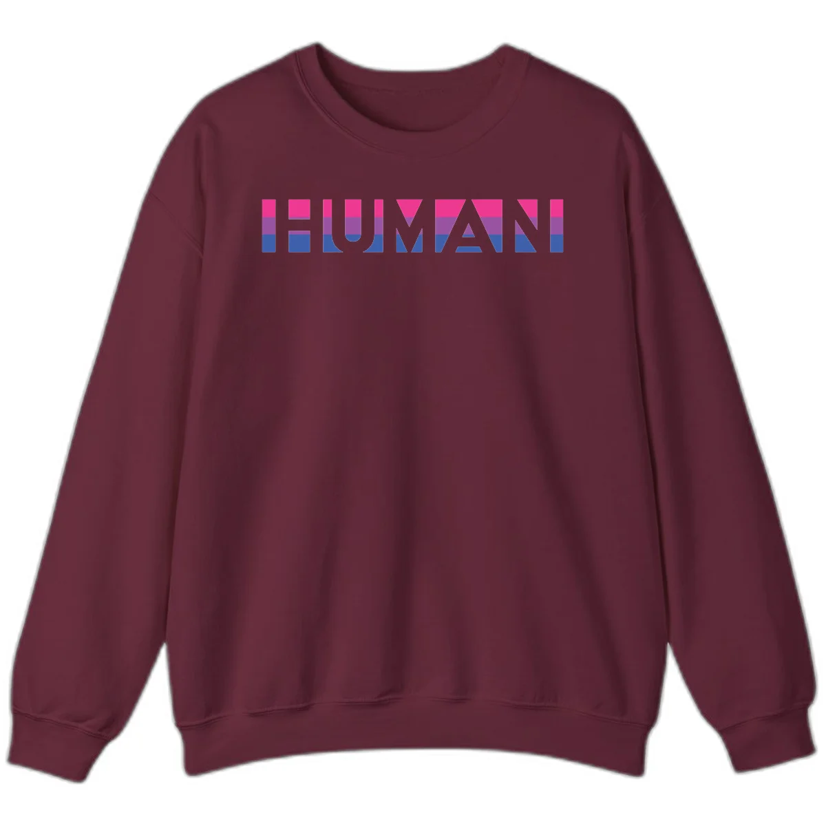 Human pride stripes design with magenta, purple, and blue horizontal color blocks spelling HUMAN text in Maroon