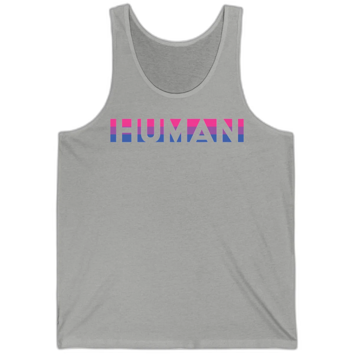 Human pride stripes design with magenta, purple, and blue horizontal color blocks spelling HUMAN text in Athletic Heather