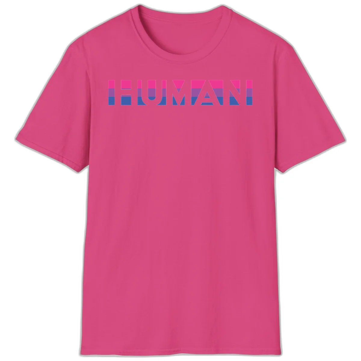 Human pride stripes design with magenta, purple, and blue horizontal color blocks spelling HUMAN text in Heliconia