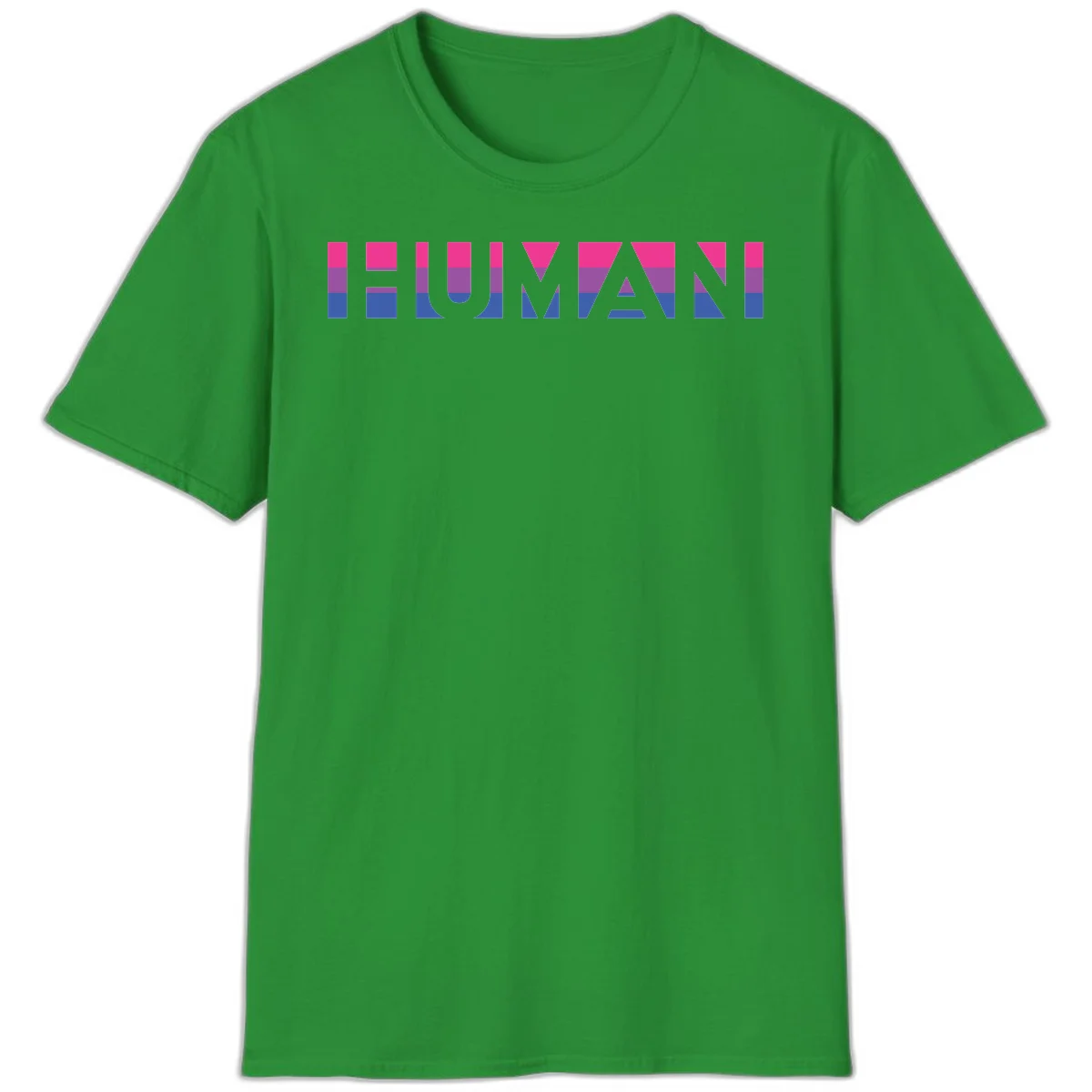 Human pride stripes design with magenta, purple, and blue horizontal color blocks spelling HUMAN text in Irish Green