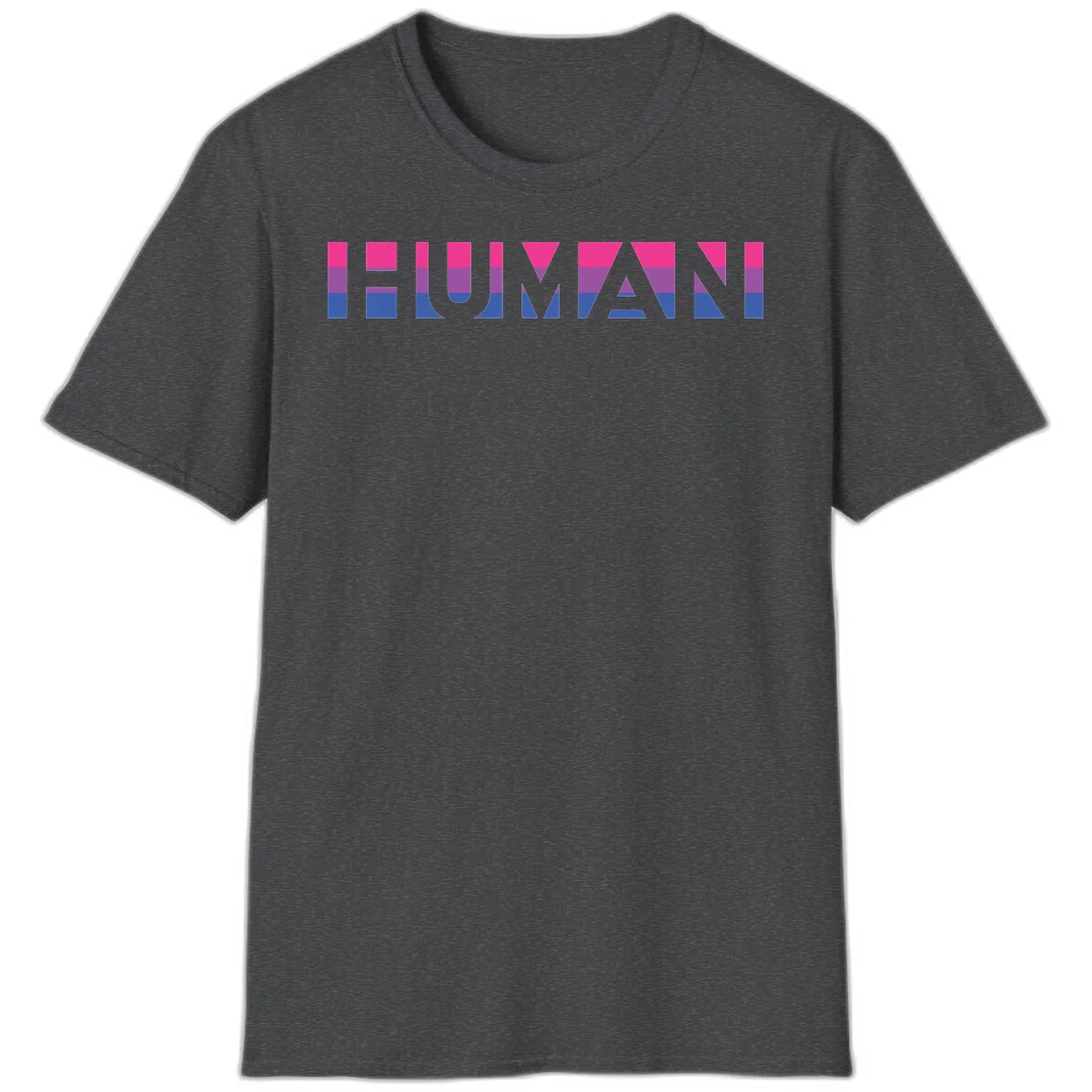 Human pride stripes design with magenta, purple, and blue horizontal color blocks spelling HUMAN text in Dark Heather