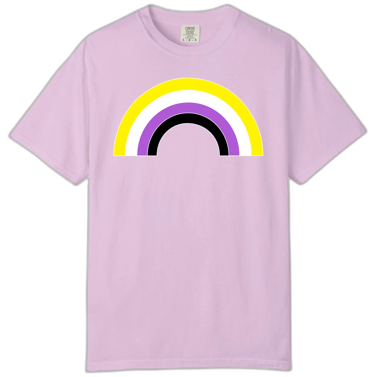 Concentric pride rainbow arcs in yellow, white, purple, and black nested semicircles on gray background in Orchid