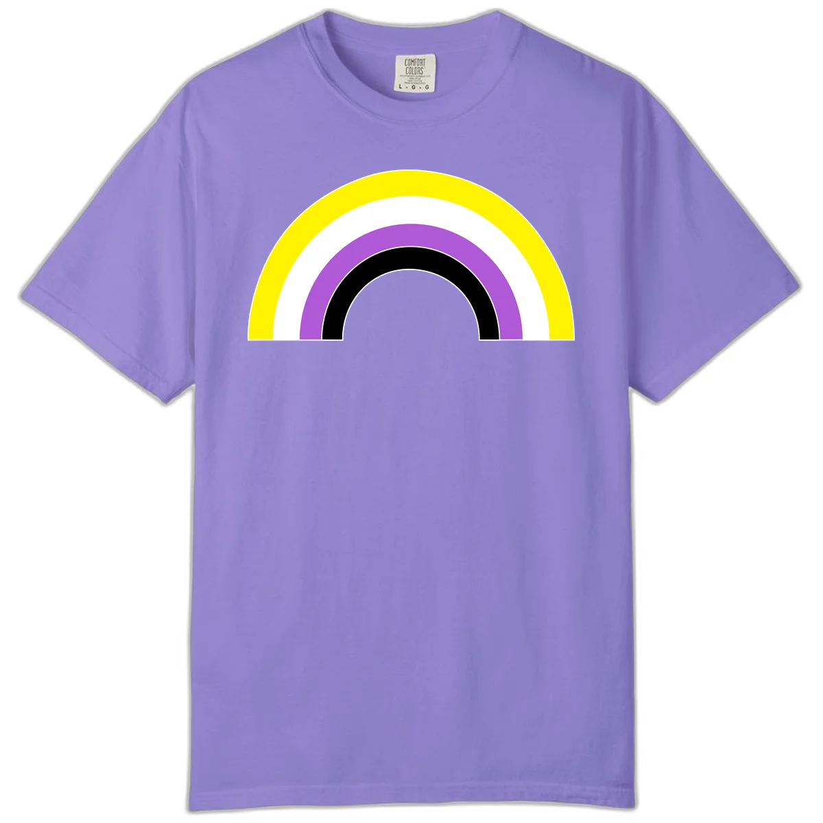 Concentric pride rainbow arcs in yellow, white, purple, and black nested semicircles on gray background in Violet