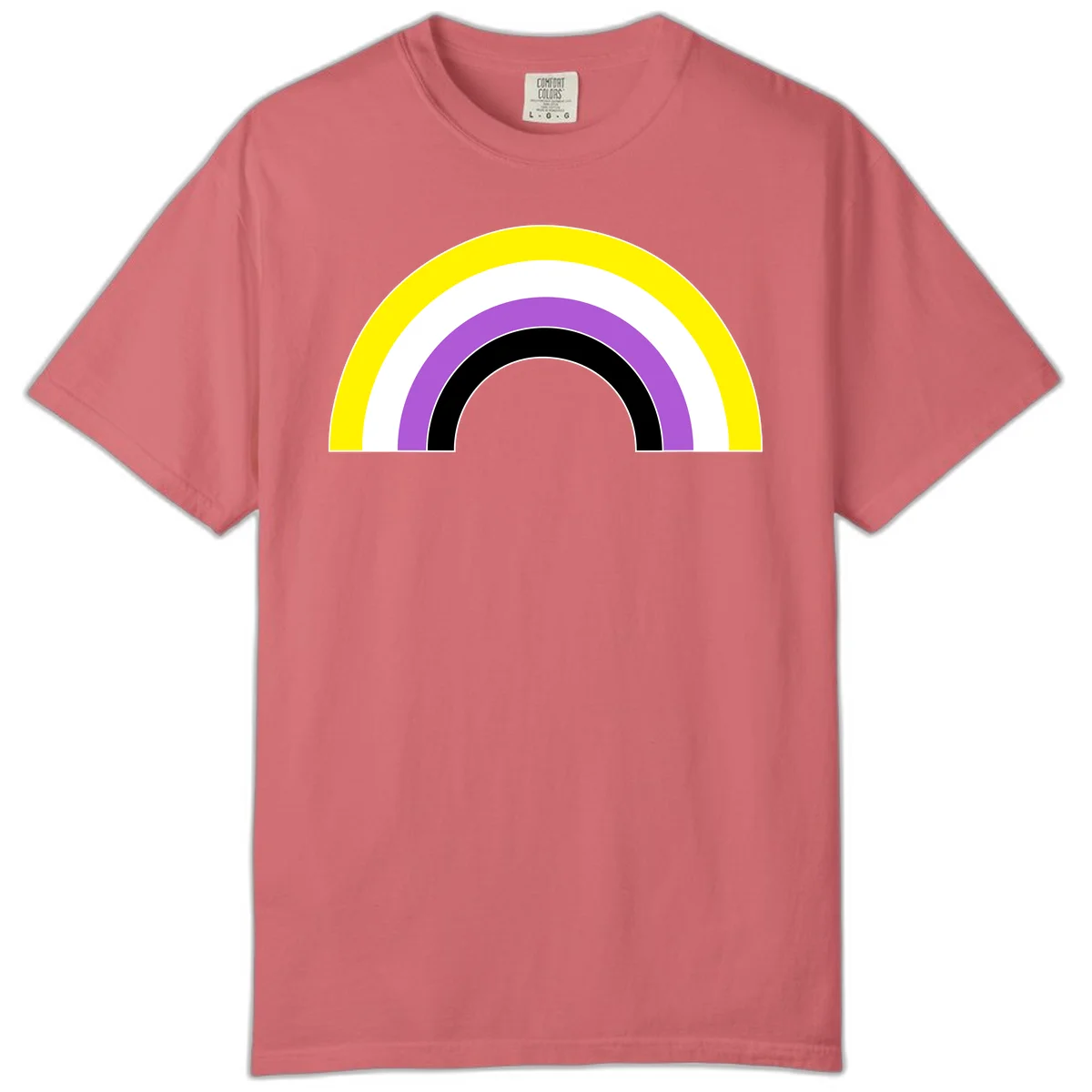 Concentric pride rainbow arcs in yellow, white, purple, and black nested semicircles on gray background in Watermelon