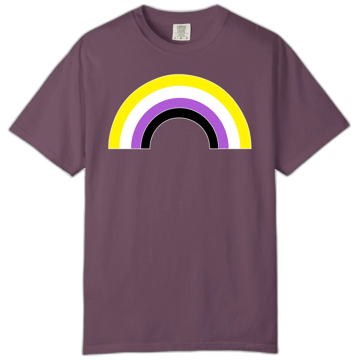 Concentric pride rainbow arcs in yellow, white, purple, and black nested semicircles on gray background in Berry