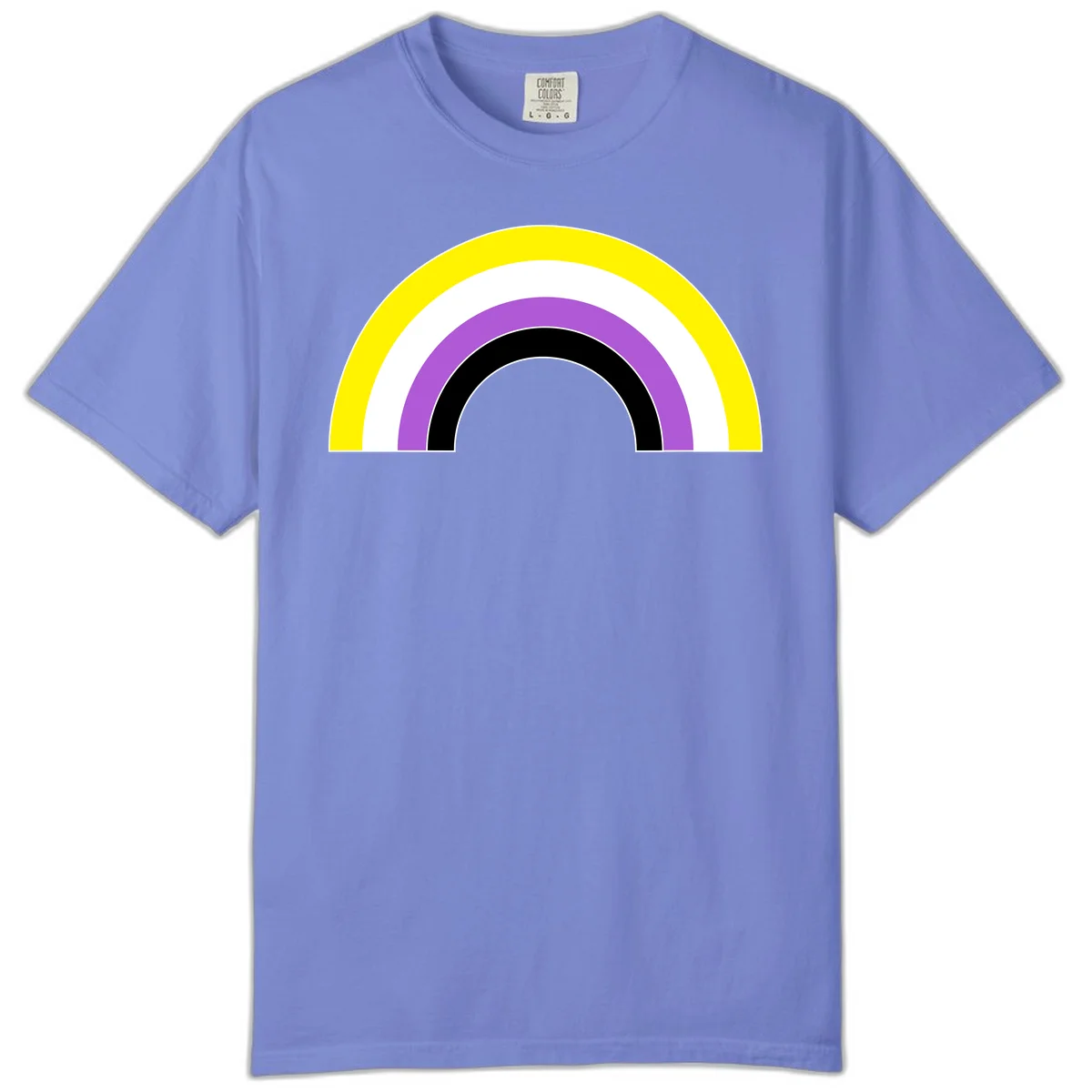 Concentric pride rainbow arcs in yellow, white, purple, and black nested semicircles on gray background in Flo Blue