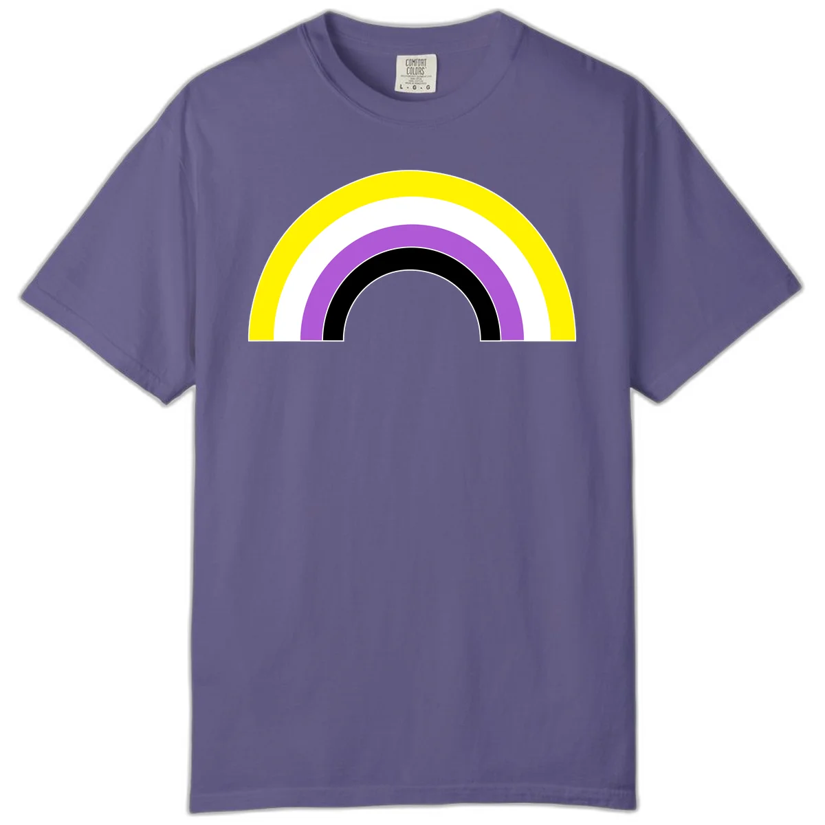 Concentric pride rainbow arcs in yellow, white, purple, and black nested semicircles on gray background in Grape