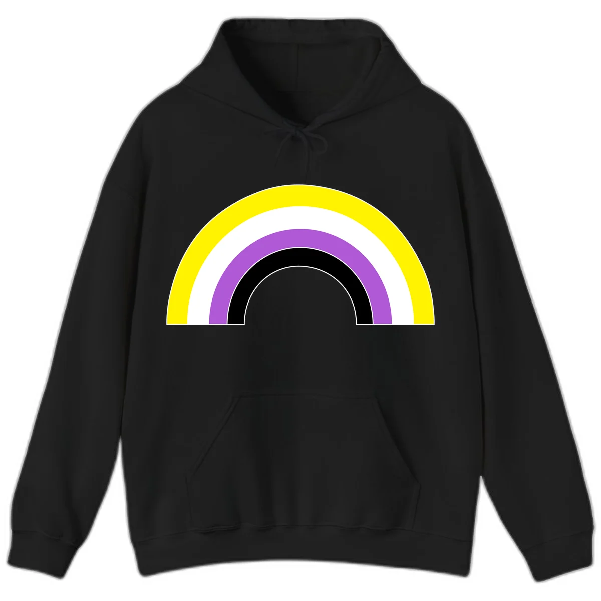 Concentric pride rainbow arcs in yellow, white, purple, and black nested semicircles on gray background in Black