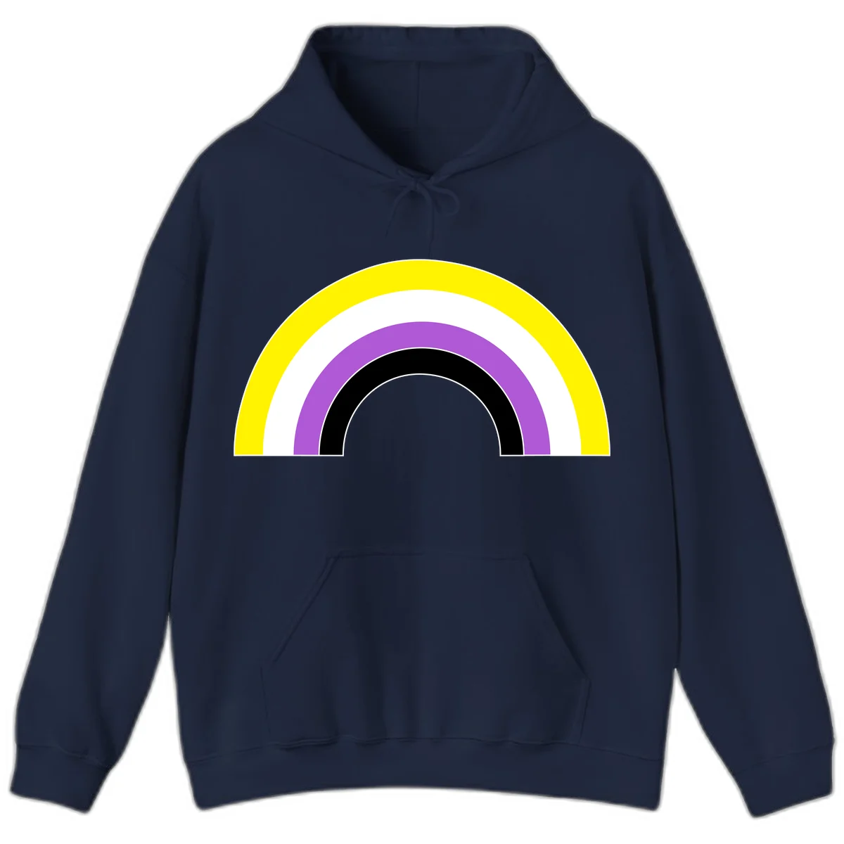 Concentric pride rainbow arcs in yellow, white, purple, and black nested semicircles on gray background in Navy