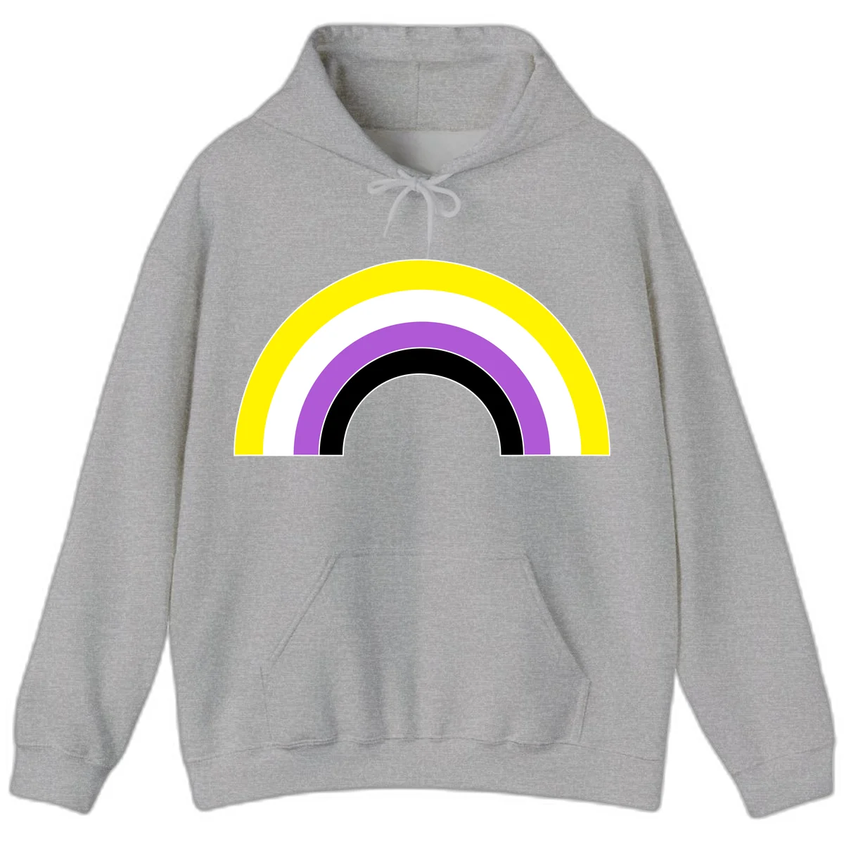 Concentric pride rainbow arcs in yellow, white, purple, and black nested semicircles on gray background in Sport Grey