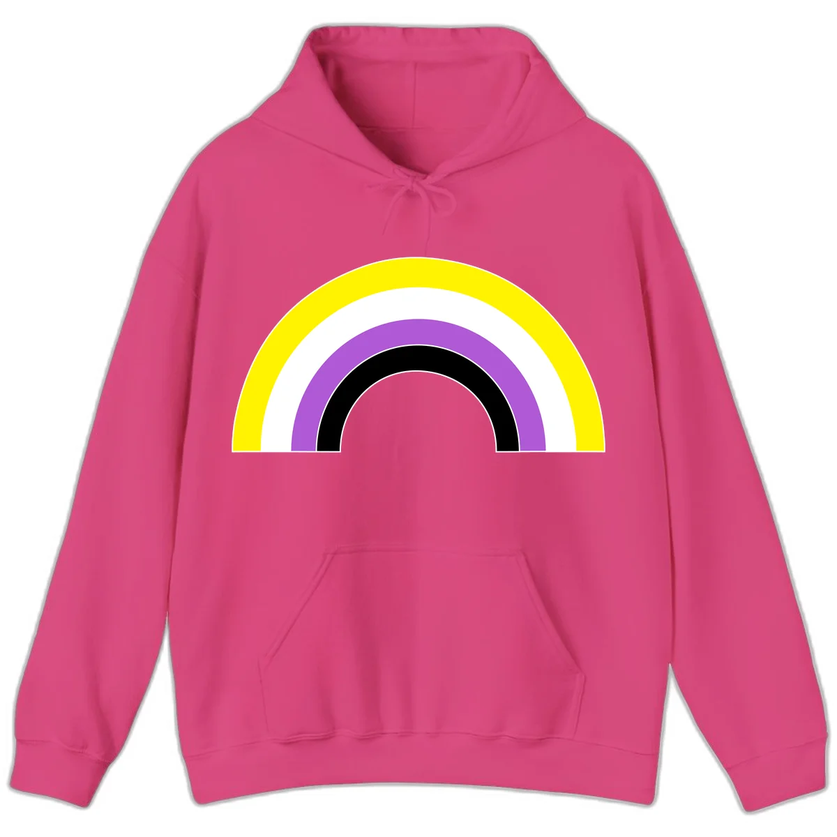 Concentric pride rainbow arcs in yellow, white, purple, and black nested semicircles on gray background in Heliconia