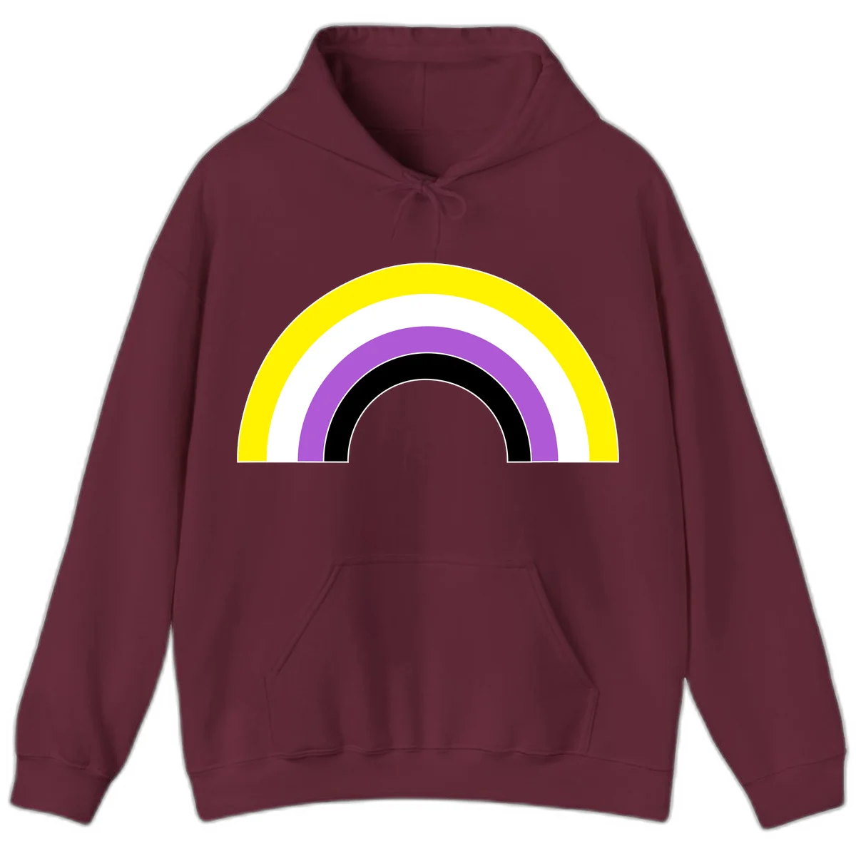 Concentric pride rainbow arcs in yellow, white, purple, and black nested semicircles on gray background in Maroon