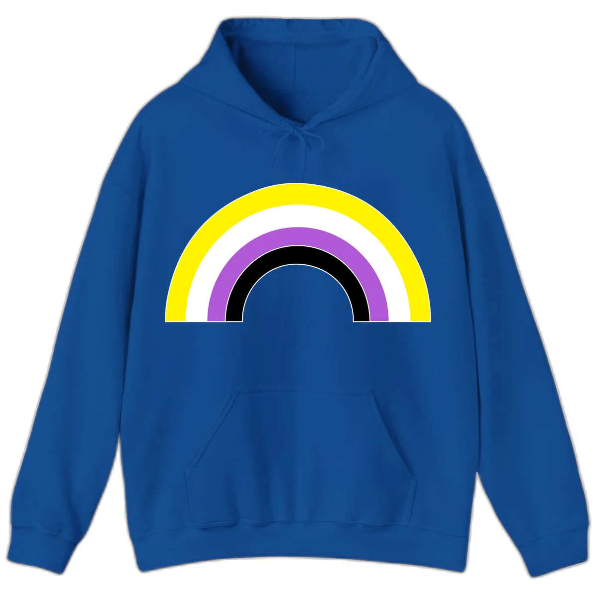 Concentric pride rainbow arcs in yellow, white, purple, and black nested semicircles on gray background in Royal