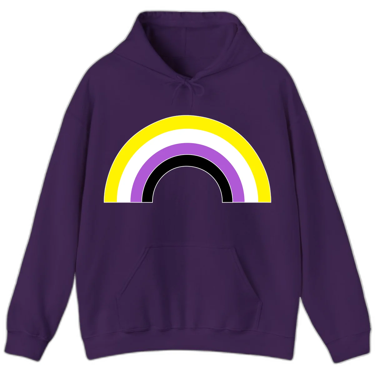 Concentric pride rainbow arcs in yellow, white, purple, and black nested semicircles on gray background in Purple