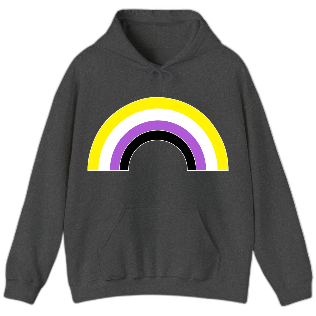 Concentric pride rainbow arcs in yellow, white, purple, and black nested semicircles on gray background in Dark Heather