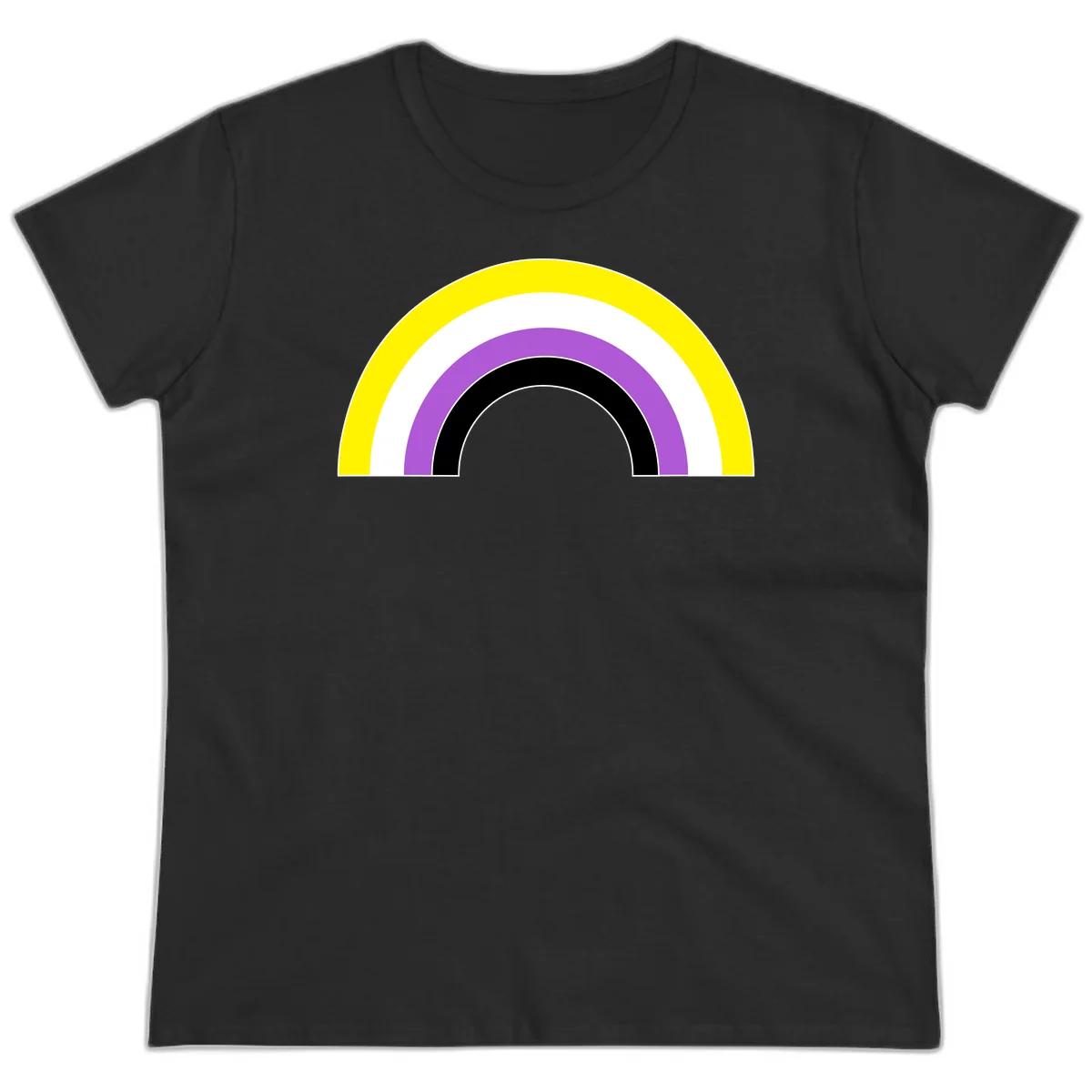 Concentric pride rainbow arcs in yellow, white, purple, and black nested semicircles on gray background in Black