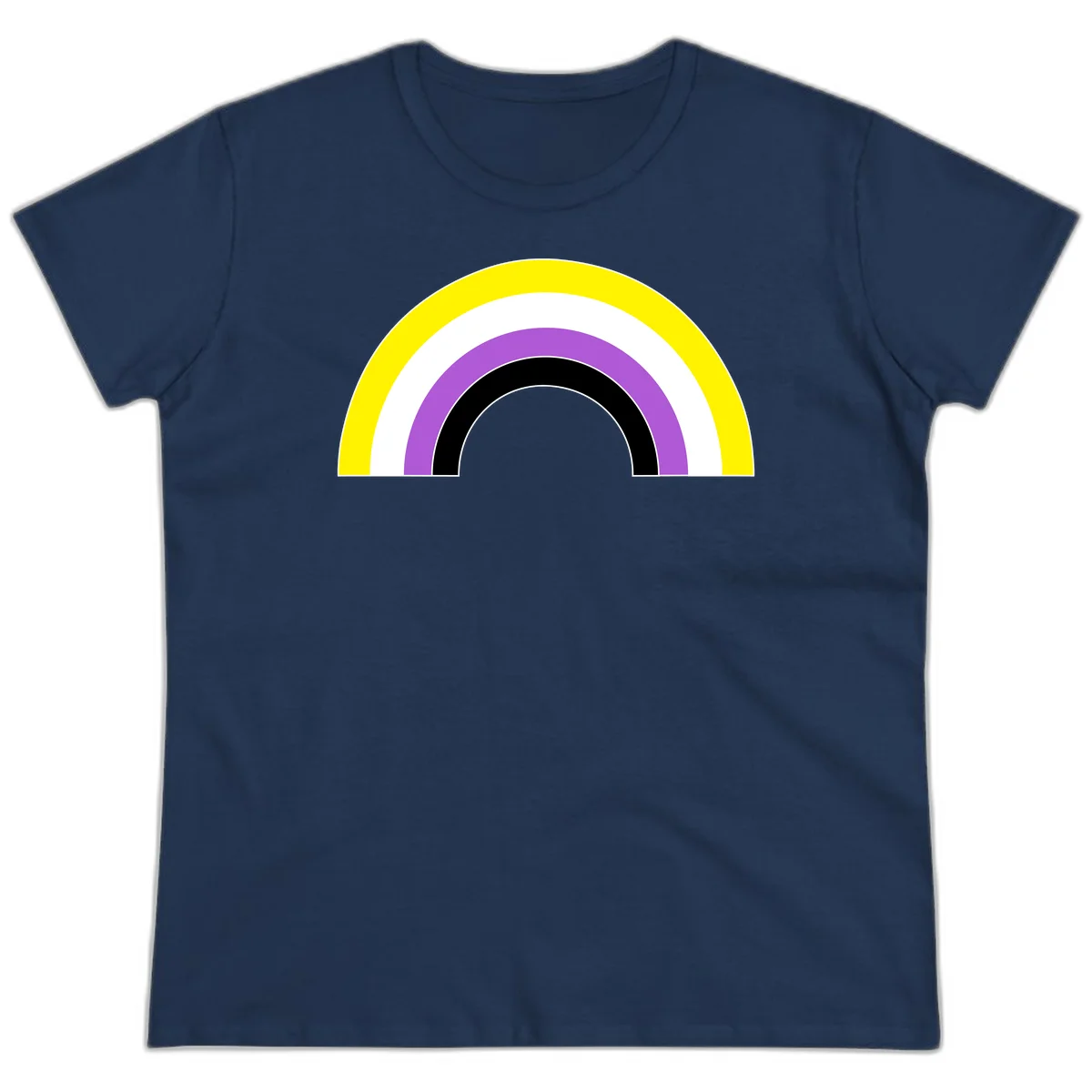 Concentric pride rainbow arcs in yellow, white, purple, and black nested semicircles on gray background in Navy
