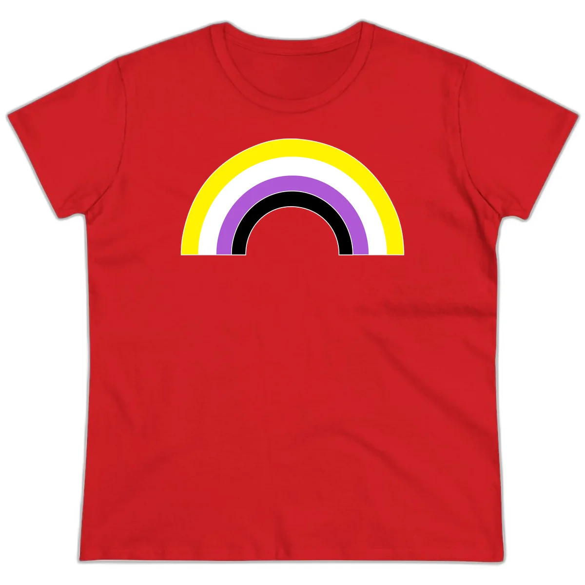 Concentric pride rainbow arcs in yellow, white, purple, and black nested semicircles on gray background in Red