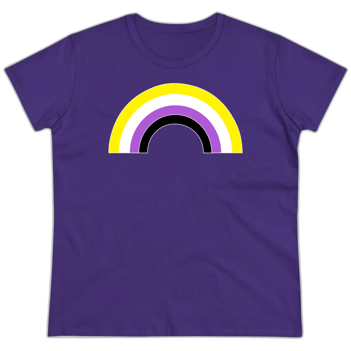 Concentric pride rainbow arcs in yellow, white, purple, and black nested semicircles on gray background in Purple