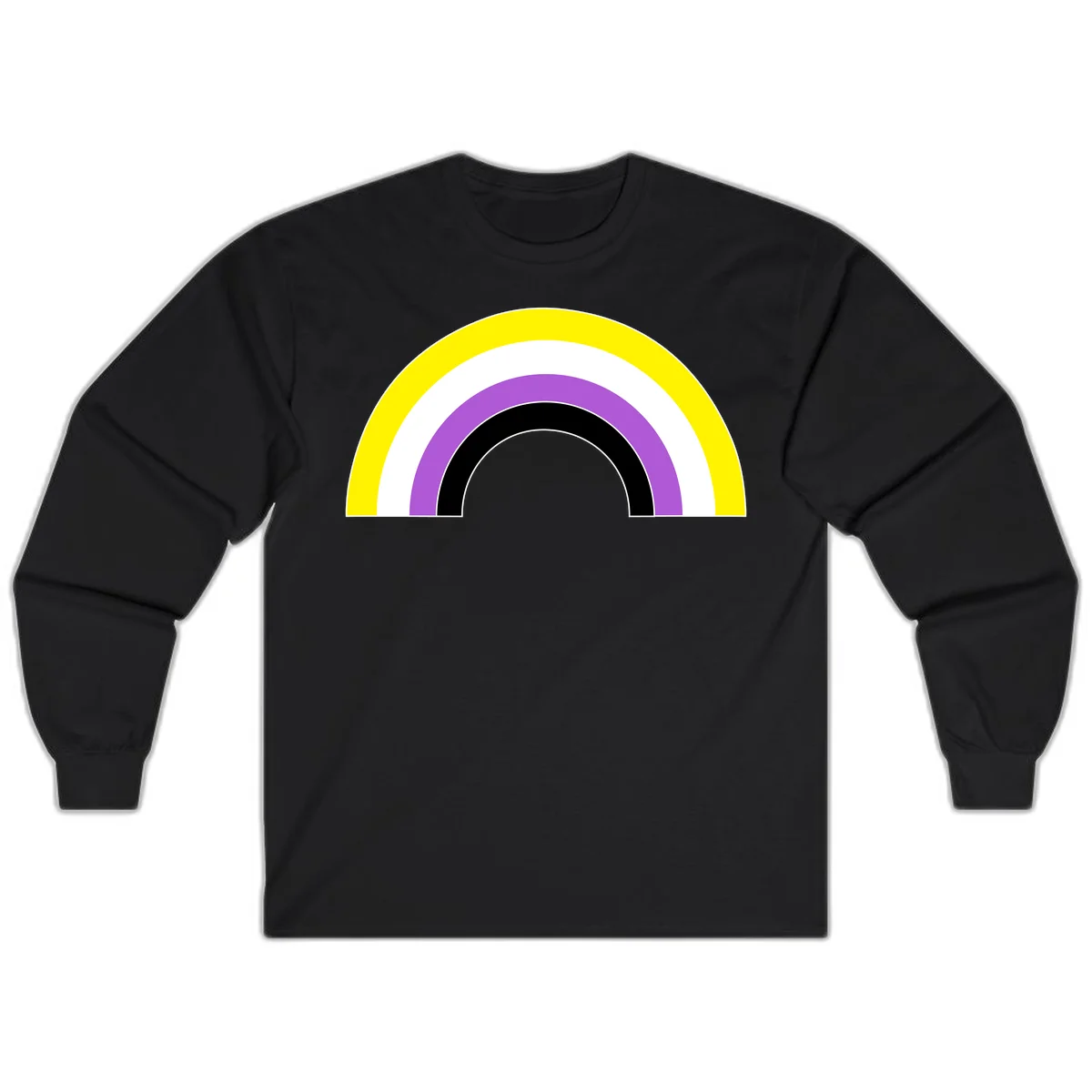 Concentric pride rainbow arcs in yellow, white, purple, and black nested semicircles on gray background in Black