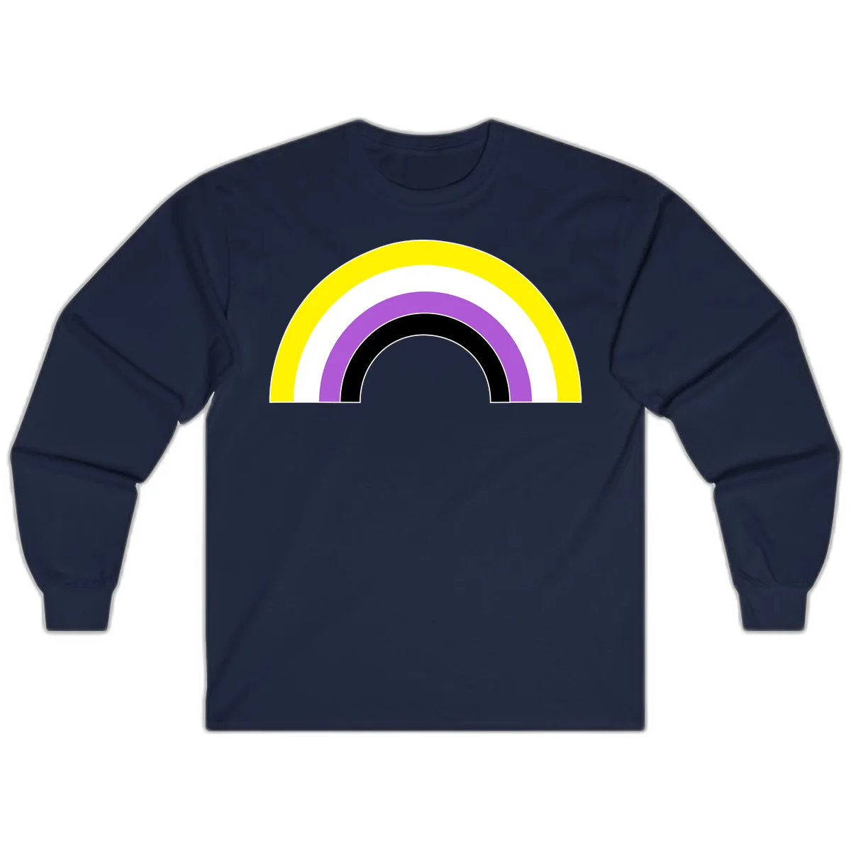 Concentric pride rainbow arcs in yellow, white, purple, and black nested semicircles on gray background in Navy
