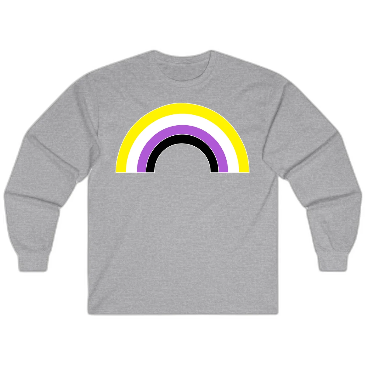 Concentric pride rainbow arcs in yellow, white, purple, and black nested semicircles on gray background in Sport Grey