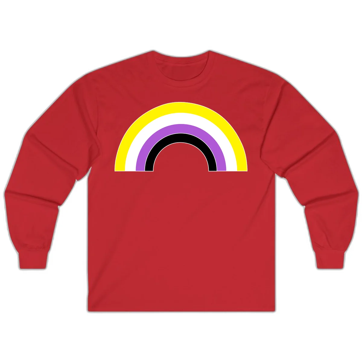 Concentric pride rainbow arcs in yellow, white, purple, and black nested semicircles on gray background in Red