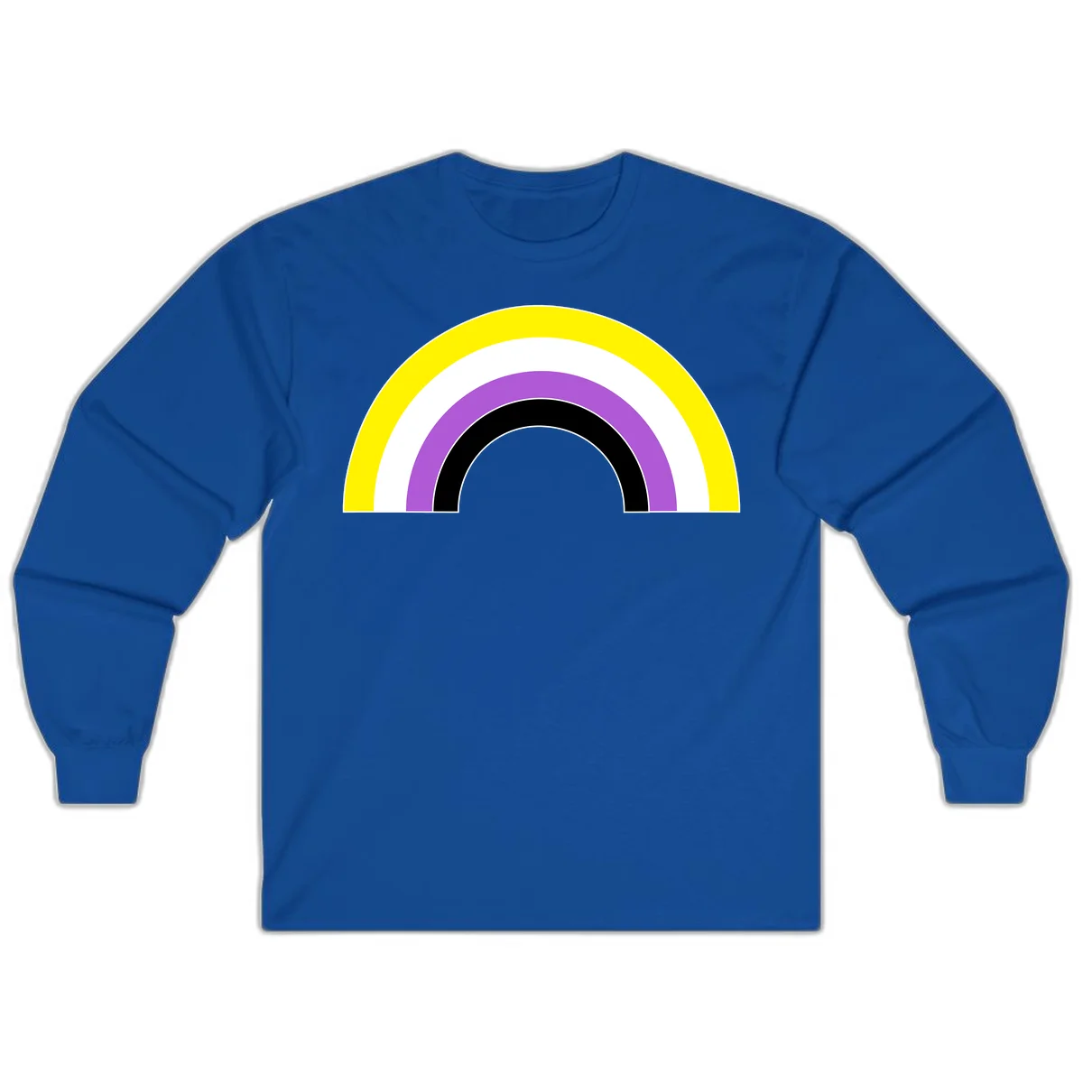 Concentric pride rainbow arcs in yellow, white, purple, and black nested semicircles on gray background in Royal